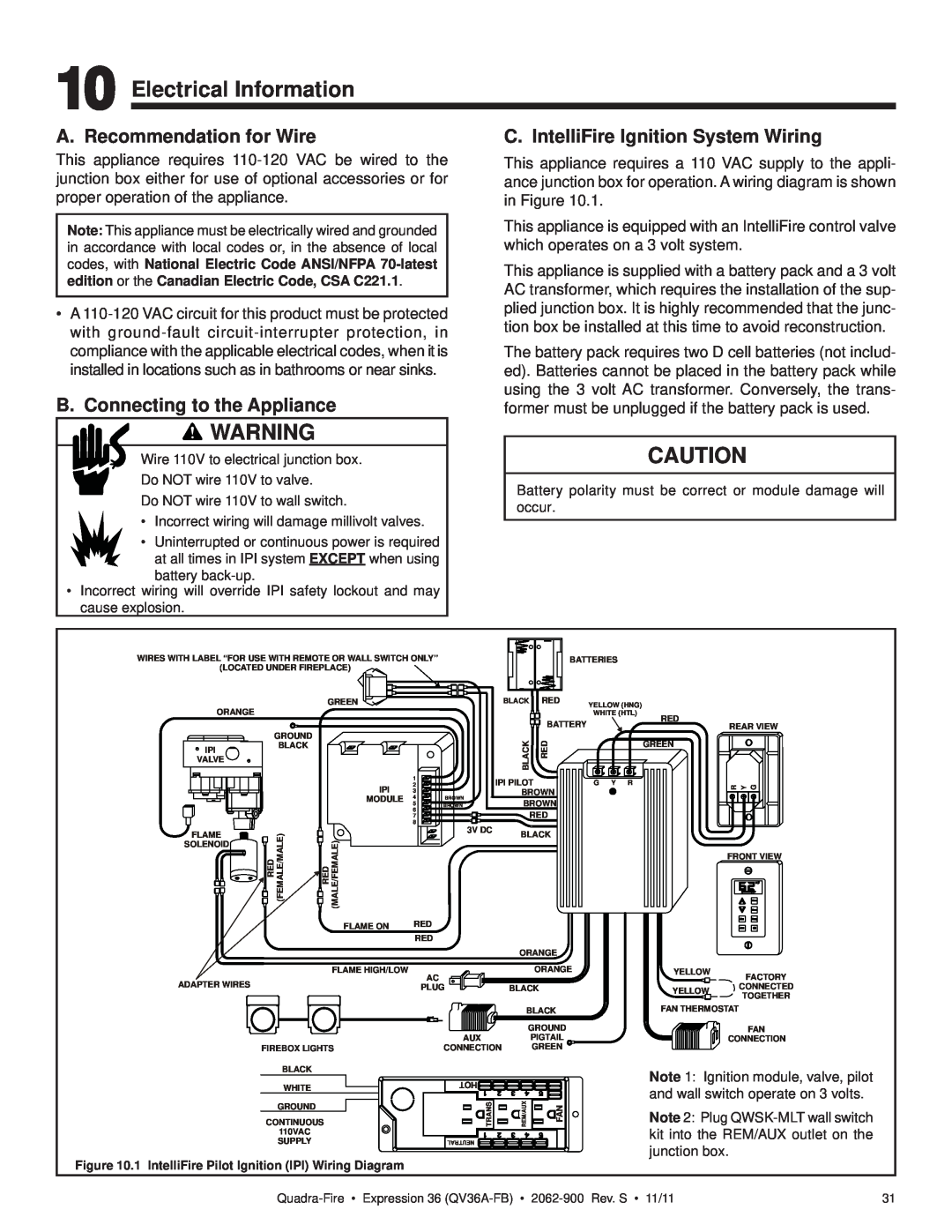 Quadra-Fire QV36A-FB owner manual Electrical Information, A. Recommendation for Wire, B. Connecting to the Appliance 
