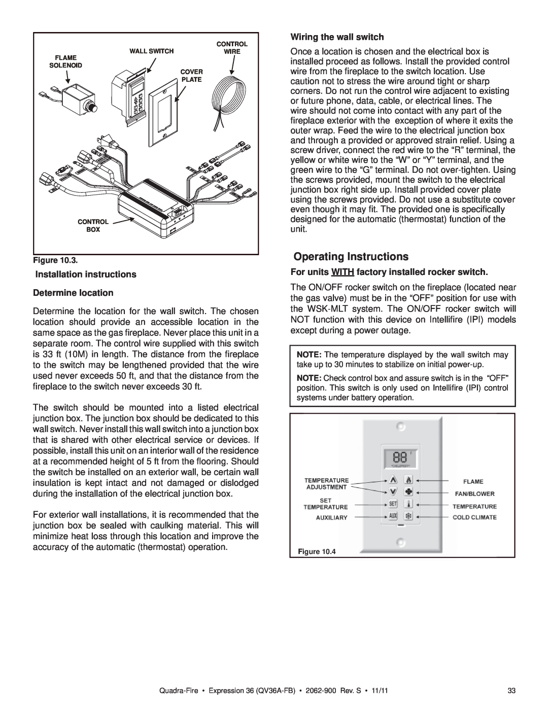 Quadra-Fire QV36A-FB Operating Instructions, Installation instructions Determine location, Wiring the wall switch 
