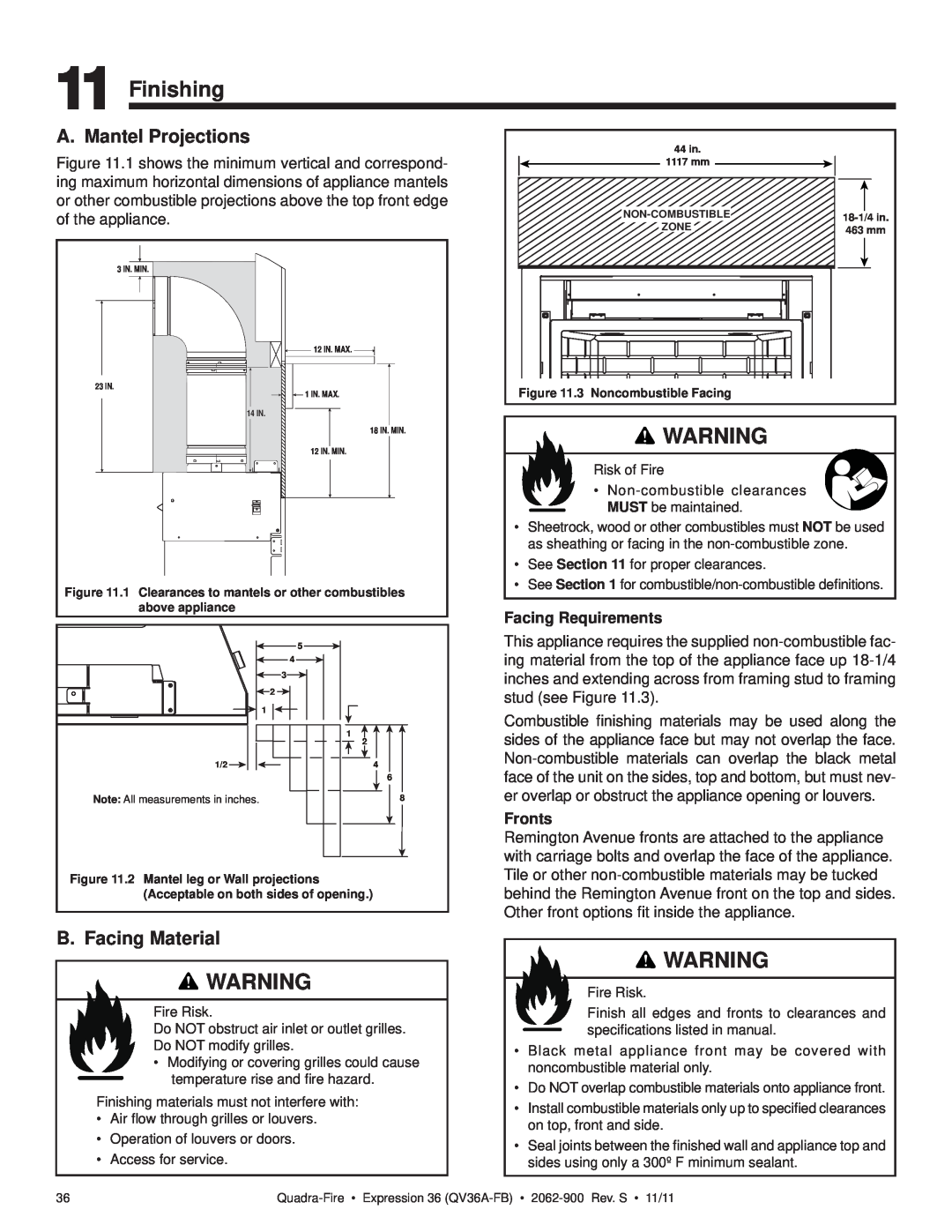 Quadra-Fire QV36A-FB owner manual Finishing, A. Mantel Projections, B. Facing Material, Facing Requirements, Fronts 