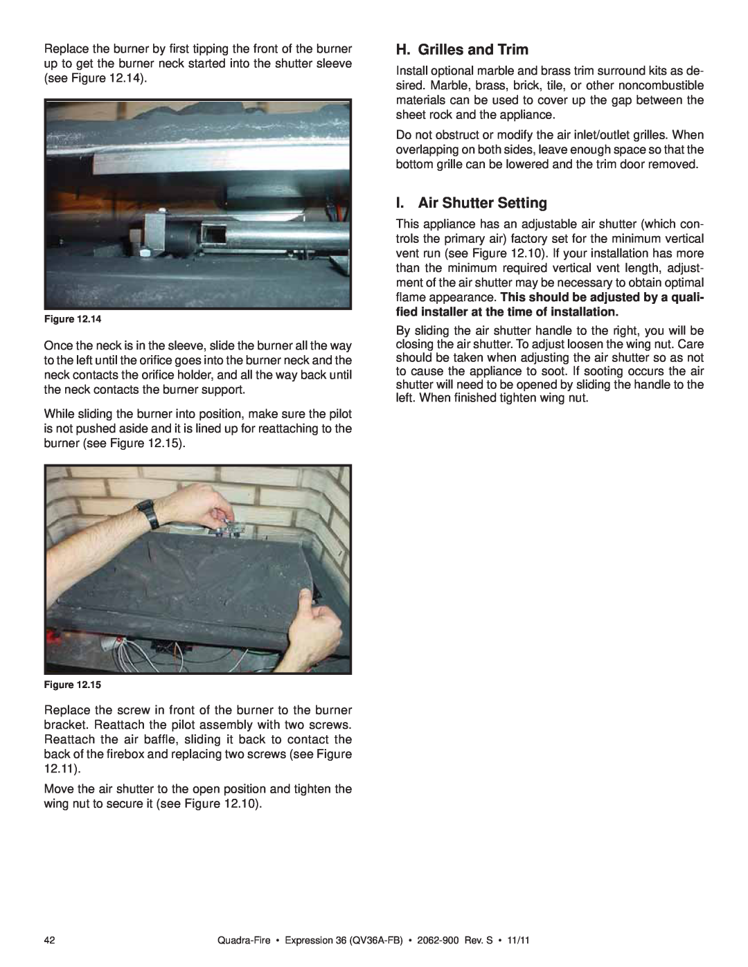 Quadra-Fire QV36A-FB owner manual H. Grilles and Trim, I. Air Shutter Setting 
