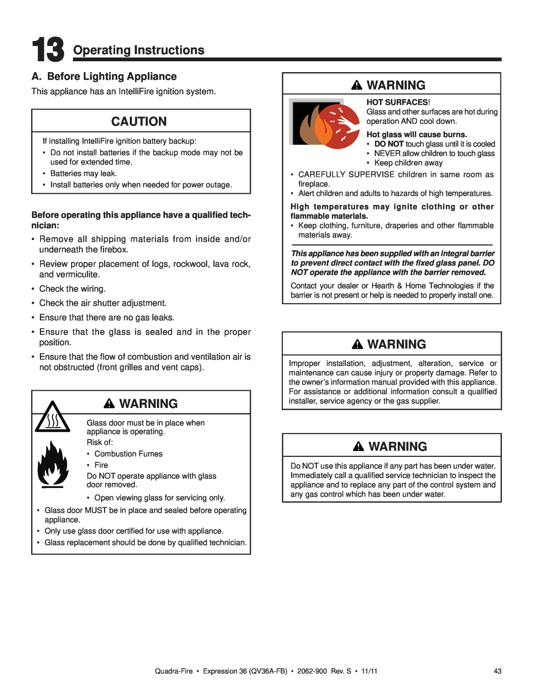 Quadra-Fire QV36A-FB owner manual Operating Instructions, A. Before Lighting Appliance 