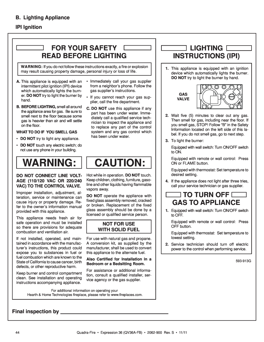Quadra-Fire QV36A-FB For Your Safety Read Before Lighting, Lighting Instructions Ipi, To Turn Off Gas To Appliance 