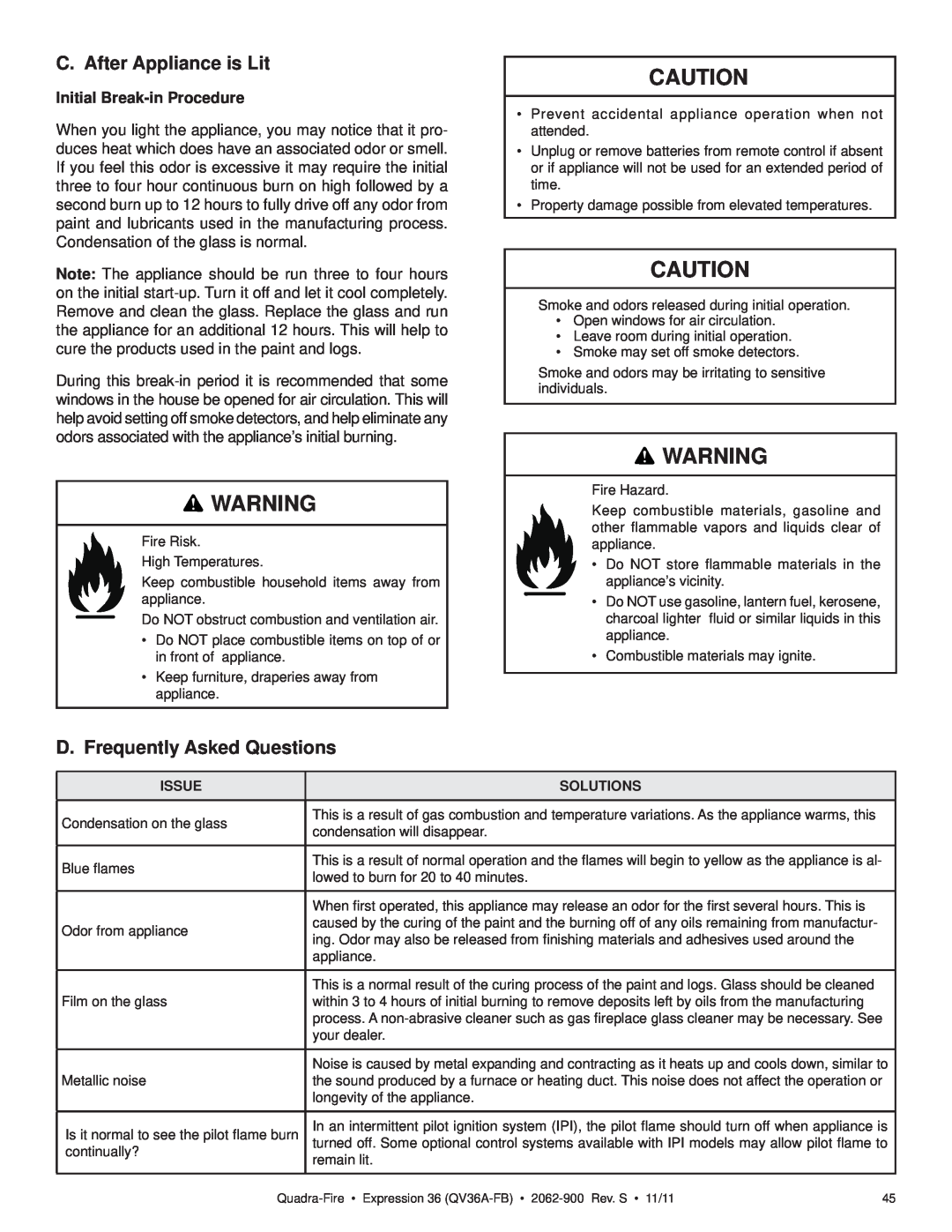 Quadra-Fire QV36A-FB owner manual C. After Appliance is Lit, D. Frequently Asked Questions, Initial Break-inProcedure 