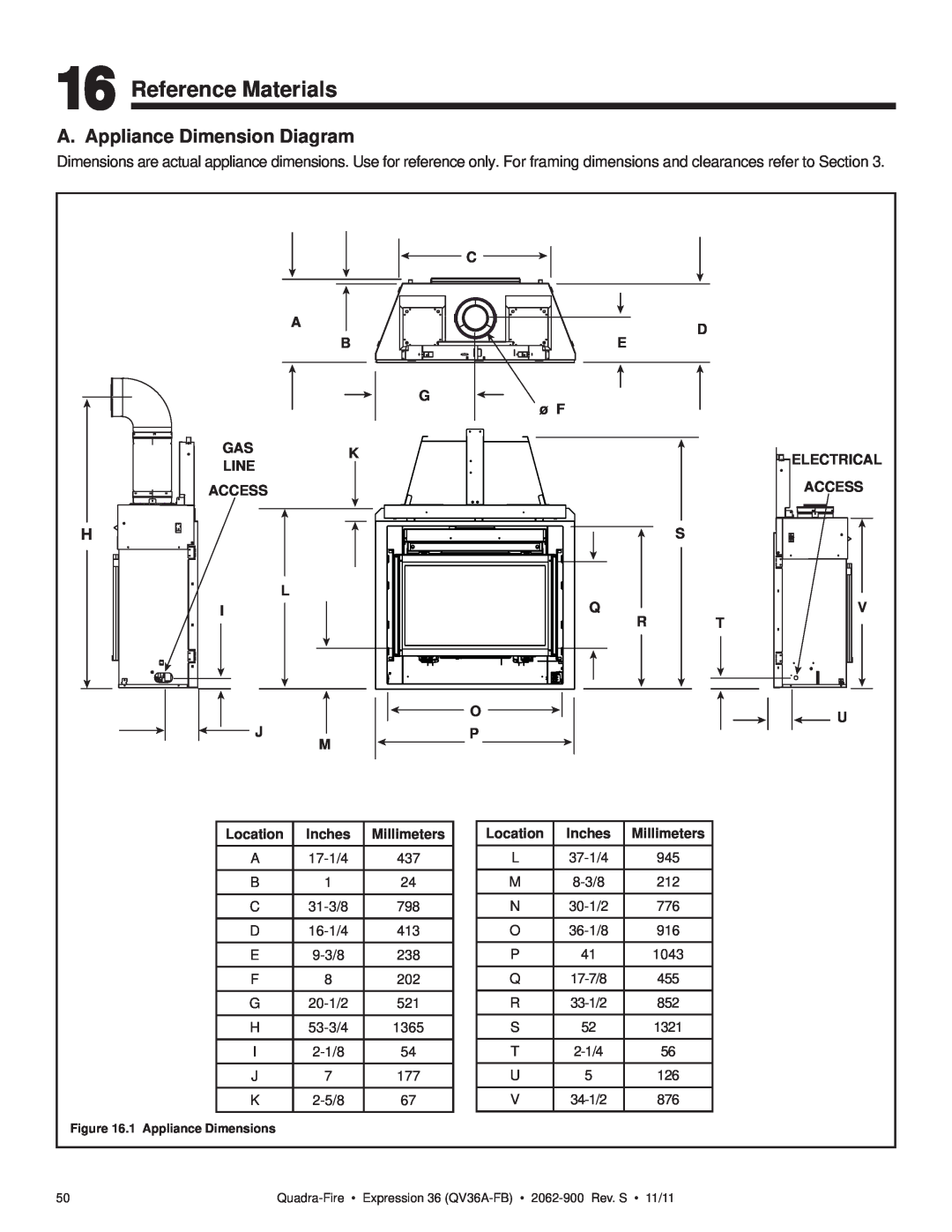 Quadra-Fire QV36A-FB Reference Materials, A. Appliance Dimension Diagram, Line, C D E G ø F, Electrical Access, Inches 