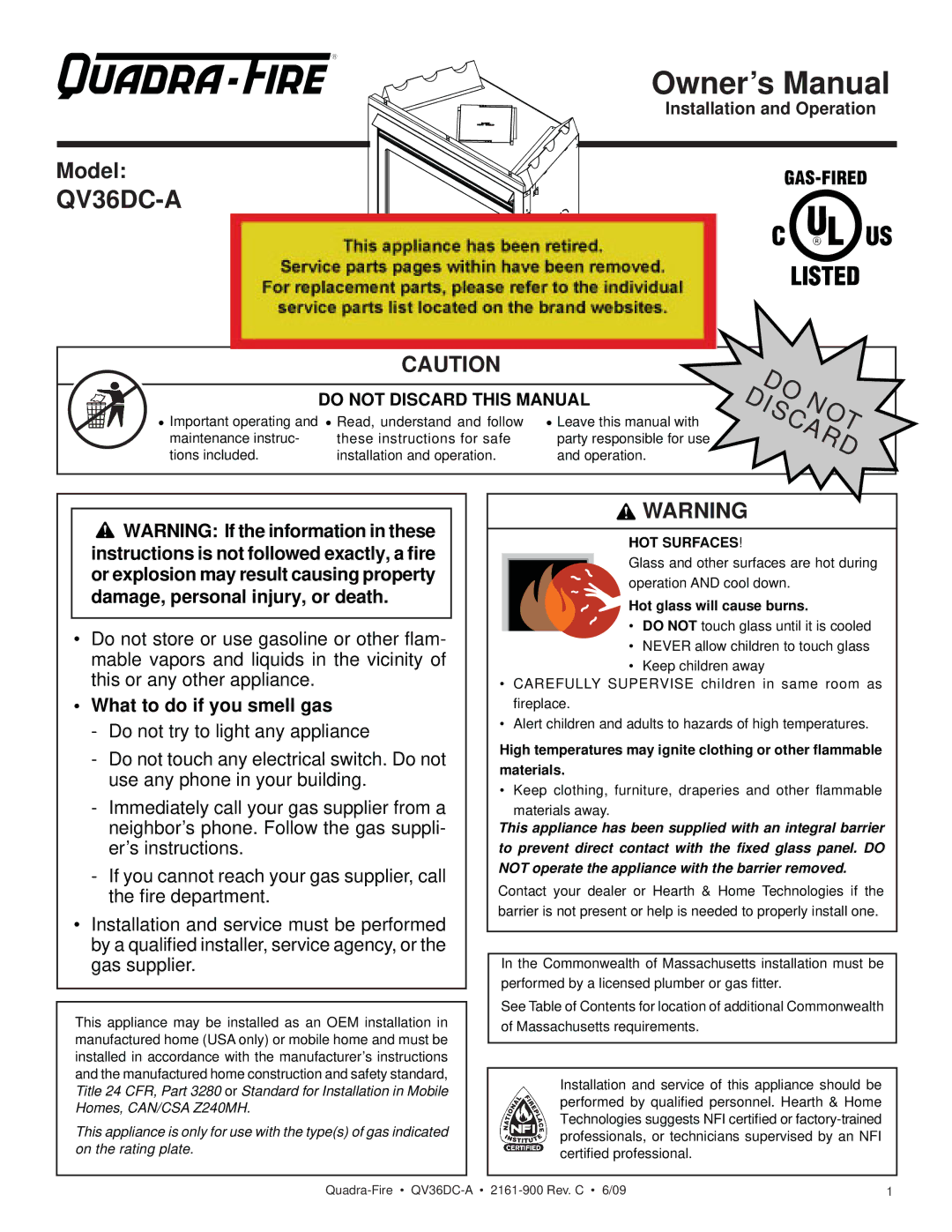 Quadra-Fire QV36DC-A owner manual Do Discardnot 