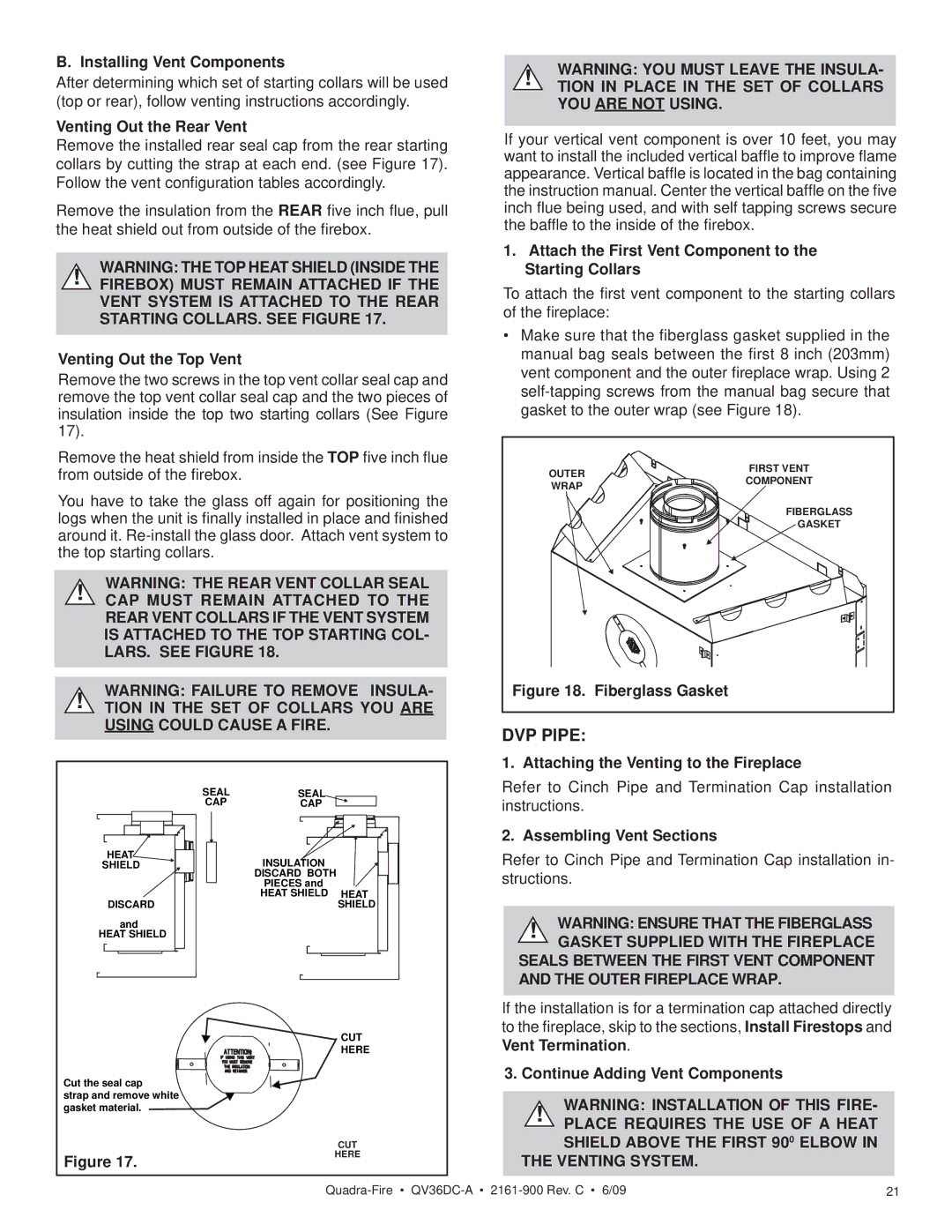 Quadra-Fire QV36DC-A owner manual Shield Above the First 900 Elbow in the Venting System 