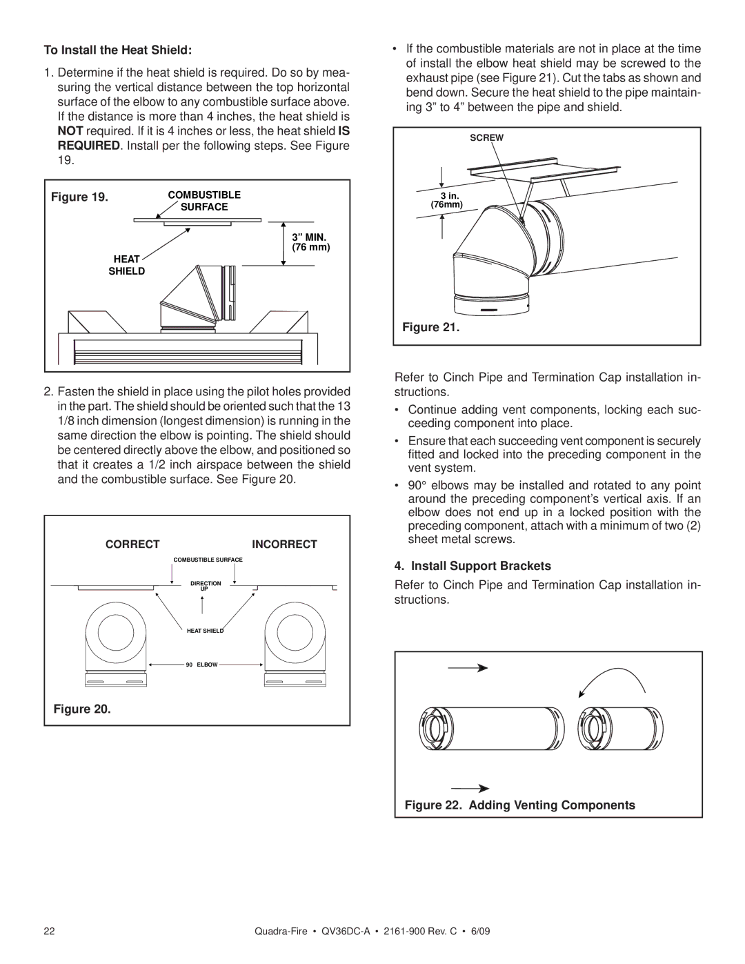 Quadra-Fire QV36DC-A owner manual To Install the Heat Shield, Install Support Brackets 