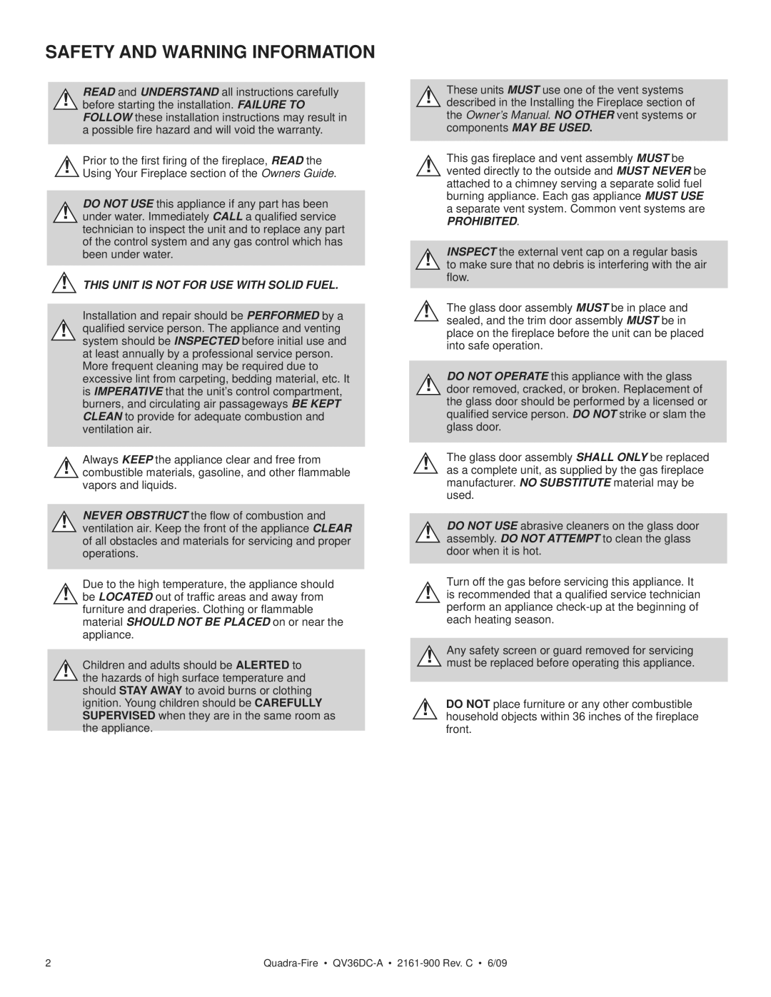 Quadra-Fire QV36DC-A owner manual Safety and Warning Information 