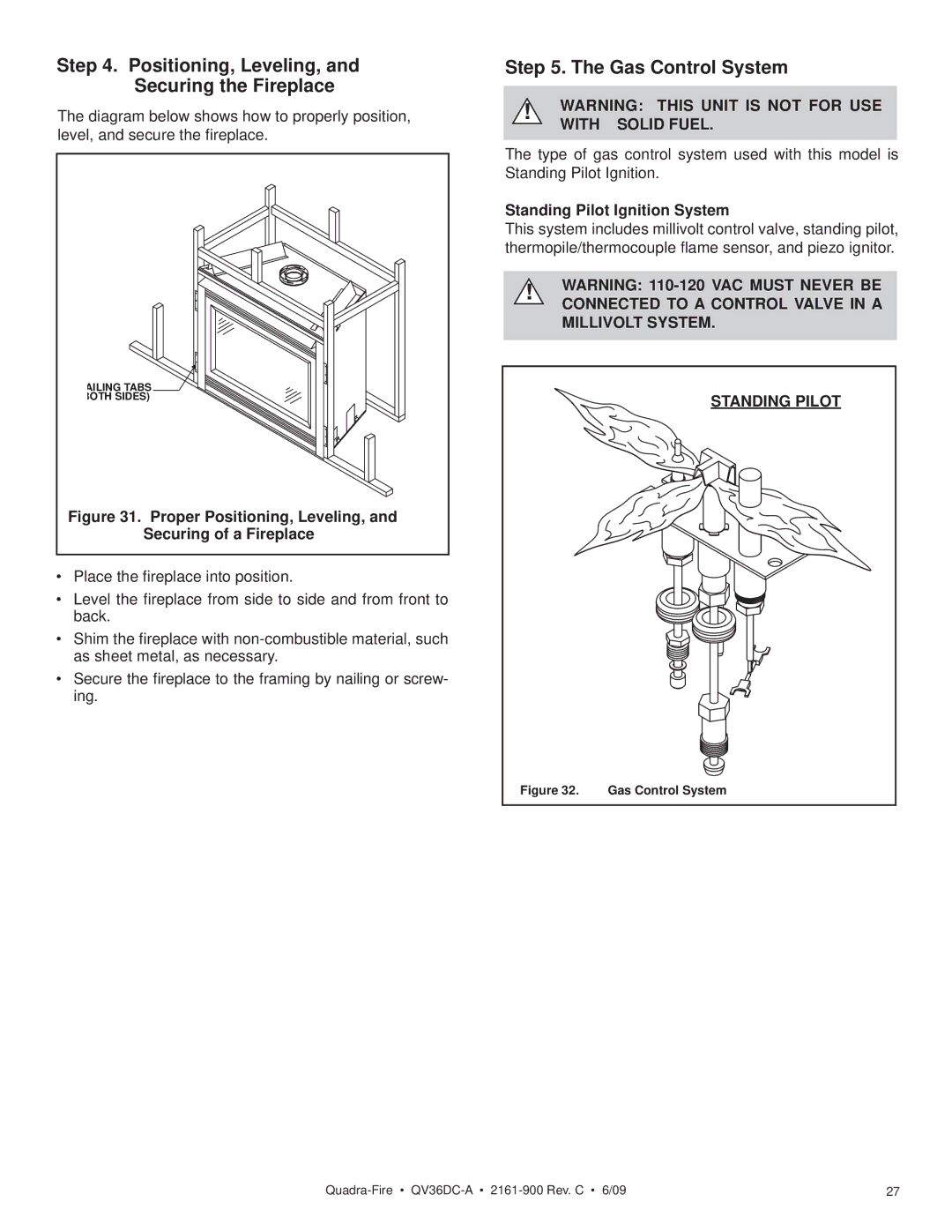 Quadra-Fire QV36DC-A Positioning, Leveling, and Securing the Fireplace, Gas Control System, Standing Pilot Ignition System 