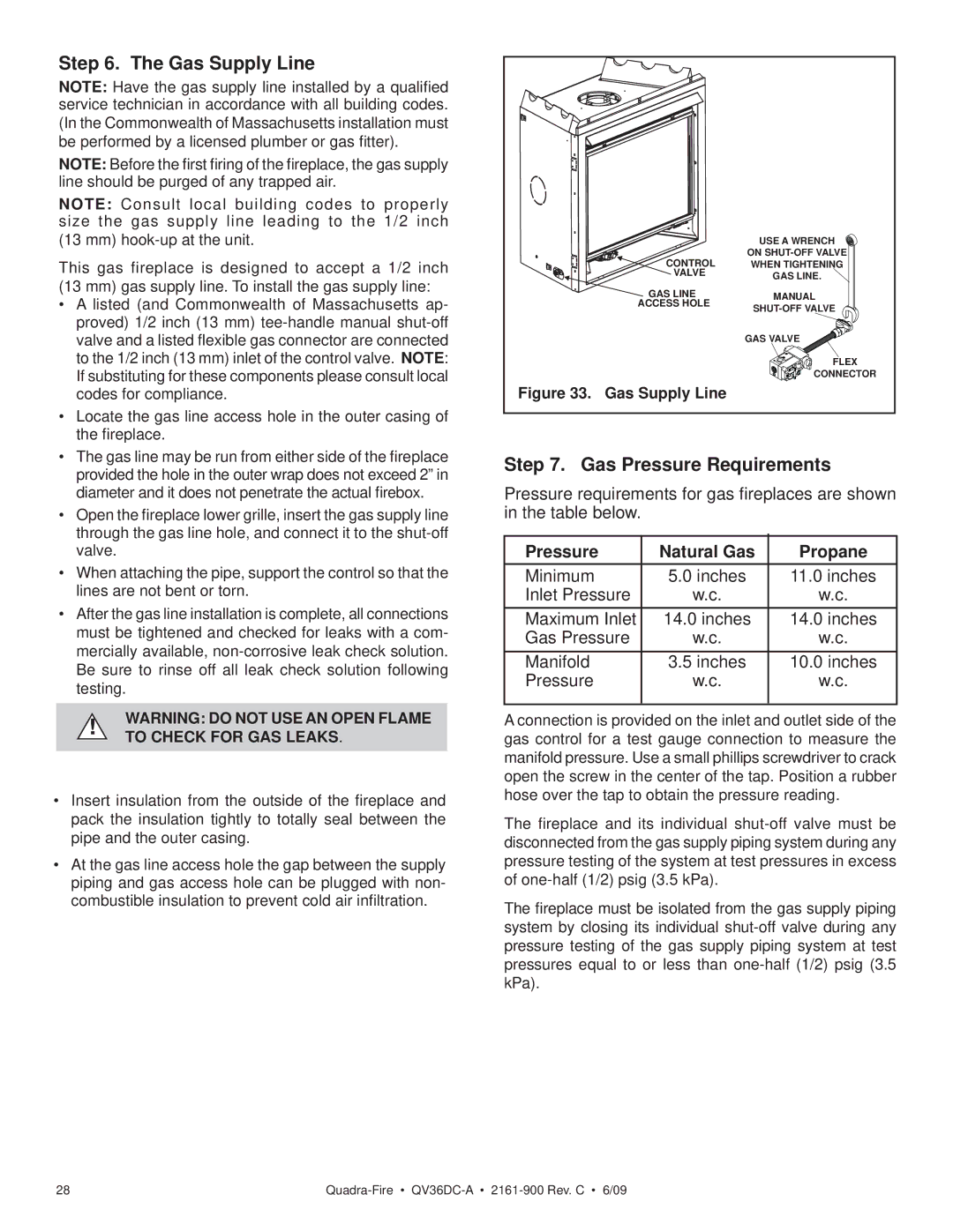 Quadra-Fire QV36DC-A owner manual Gas Supply Line, Gas Pressure Requirements 