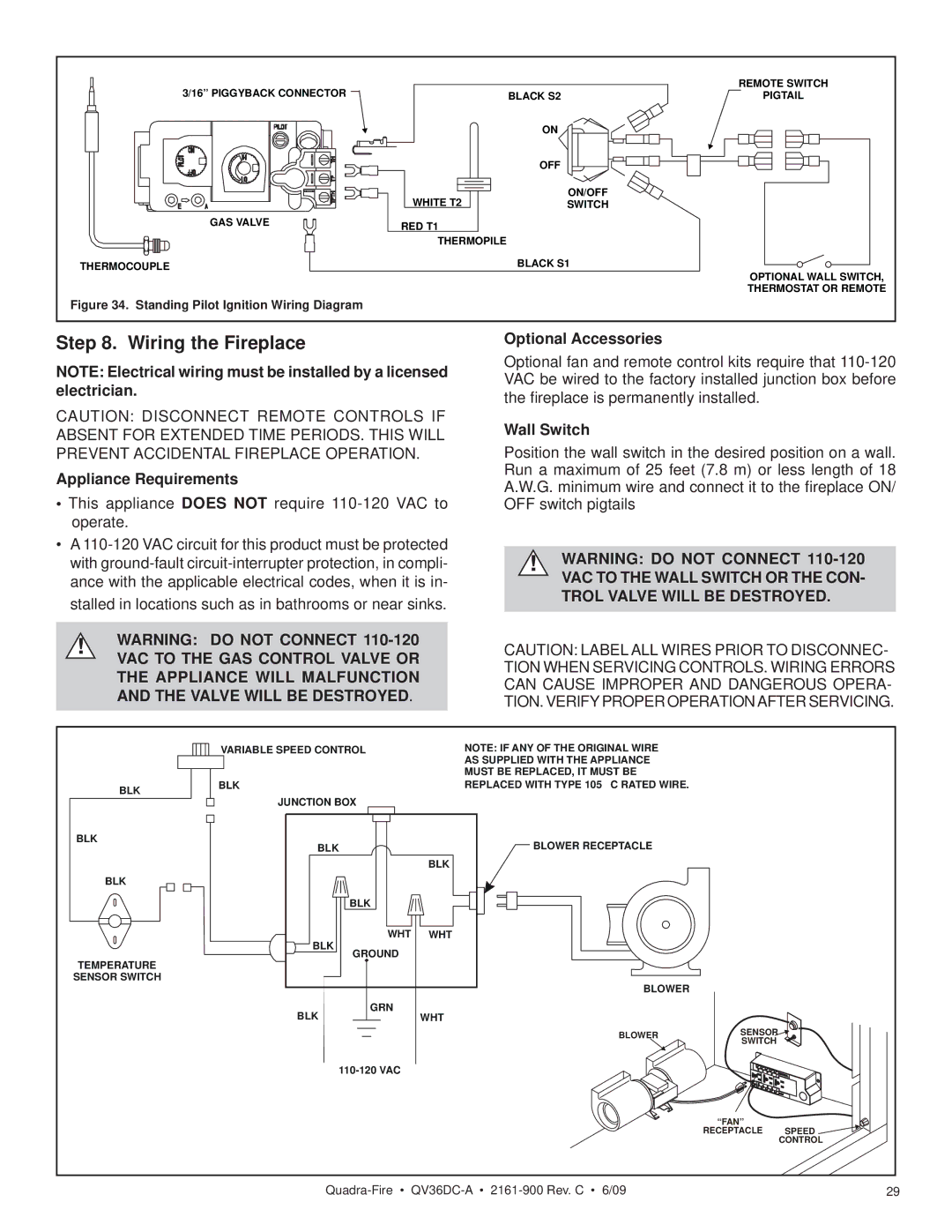 Quadra-Fire QV36DC-A owner manual Step Wiring the Fireplace, Optional Accessories Appliance Requirements, Wall Switch 