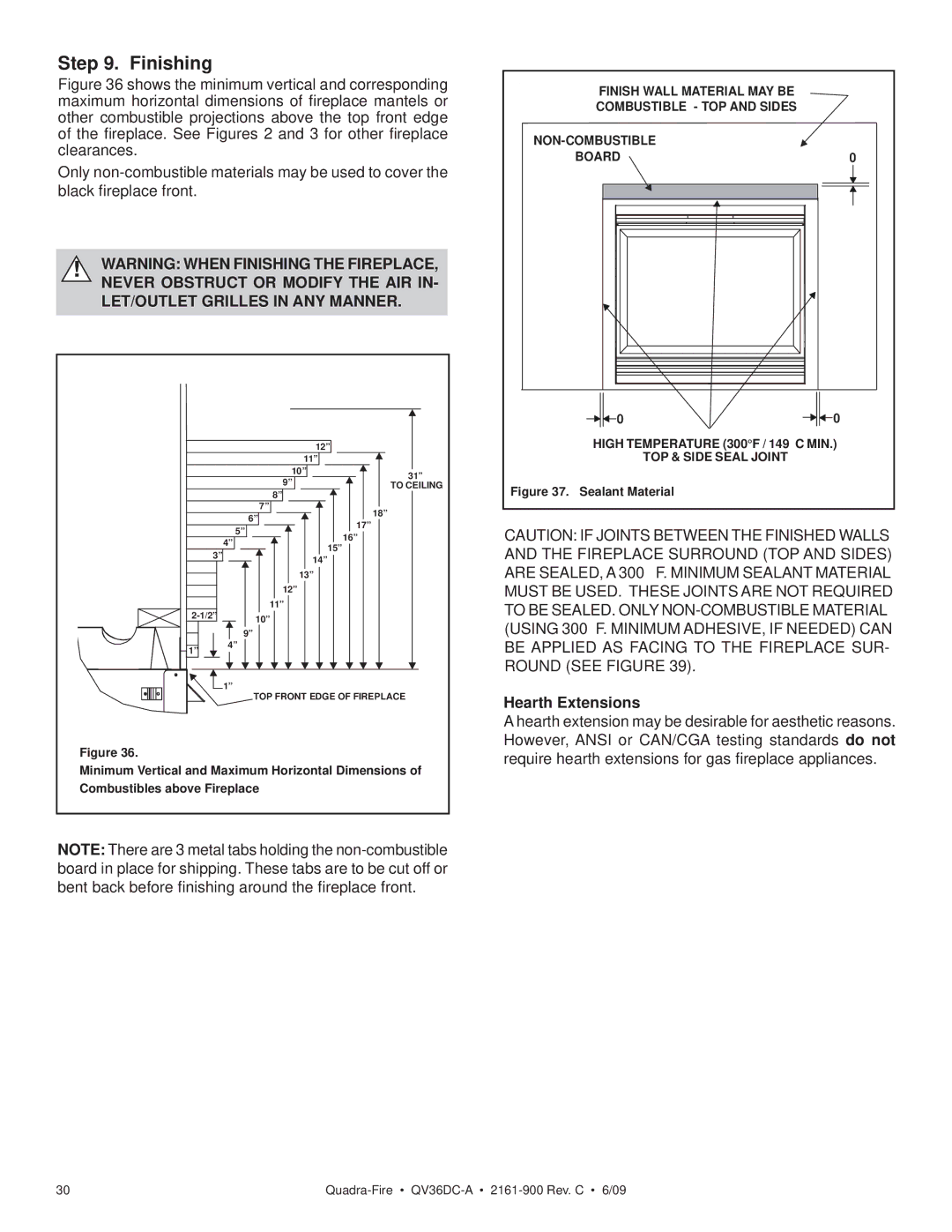 Quadra-Fire QV36DC-A owner manual Finishing, Hearth Extensions 