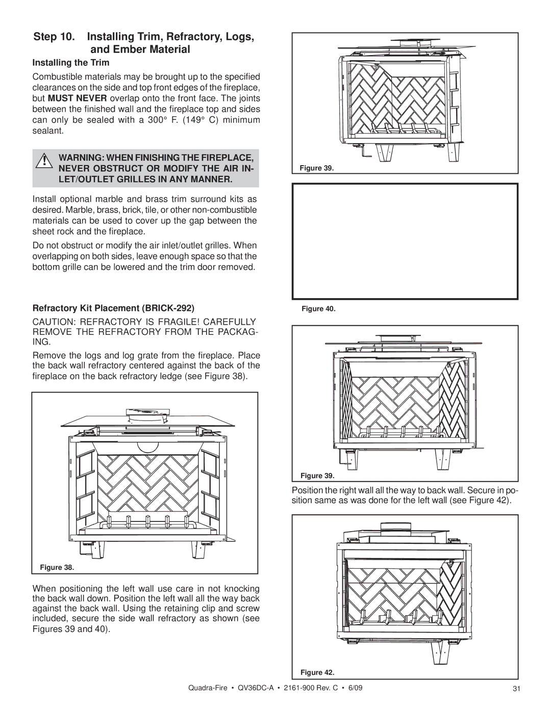 Quadra-Fire QV36DC-A owner manual Installing Trim, Refractory, Logs Ember Material, Installing the Trim 