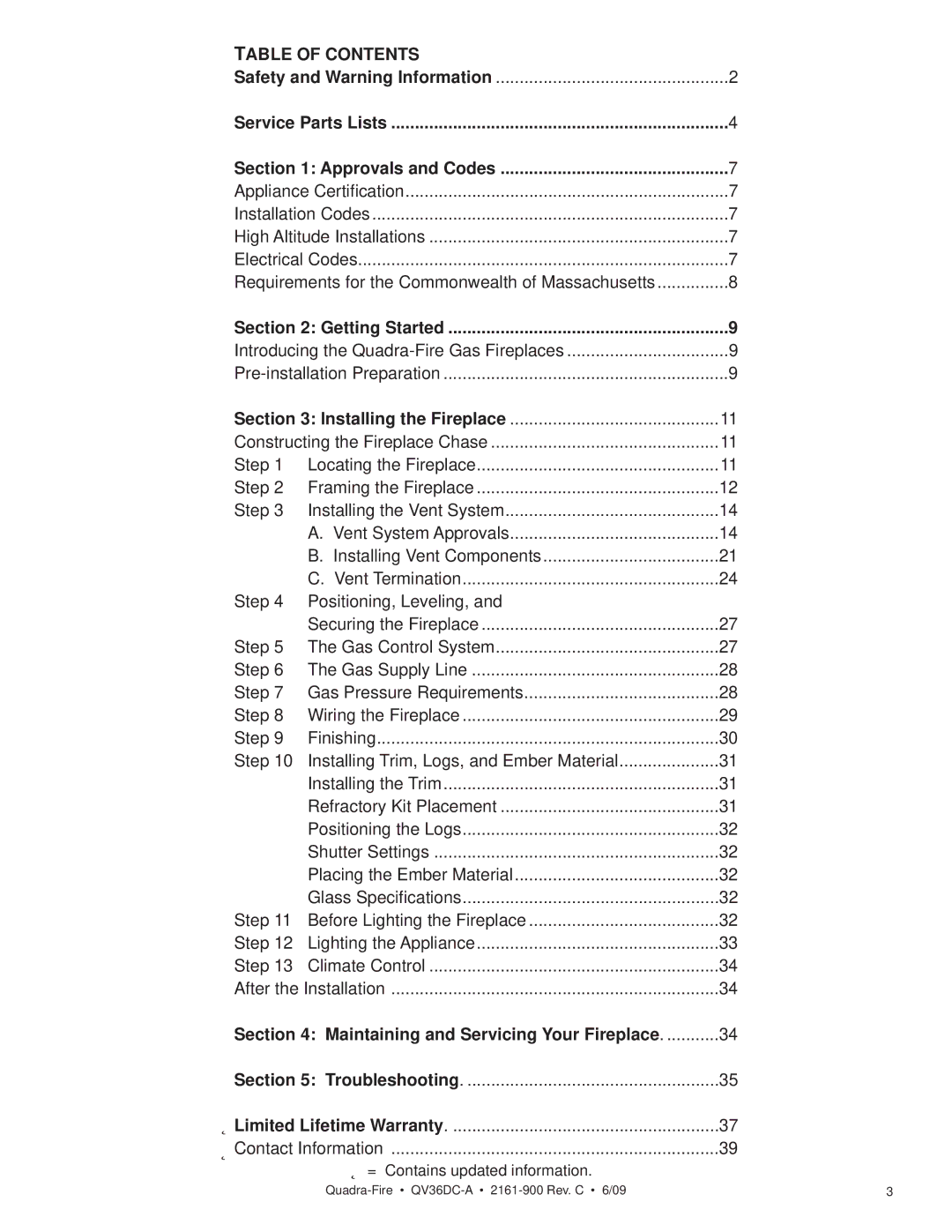 Quadra-Fire QV36DC-A owner manual Table of Contents 