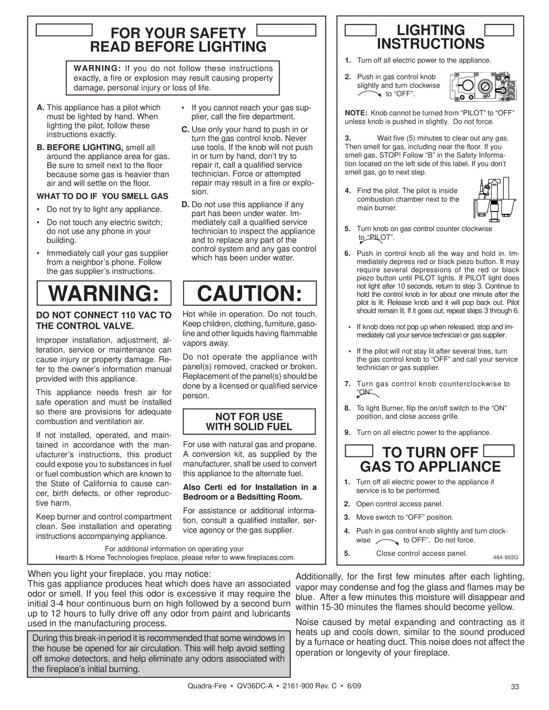 Quadra-Fire QV36DC-A For Your Safety Read Before Lighting Instructions, Do not Connect 110 VAC to the Control Valve 