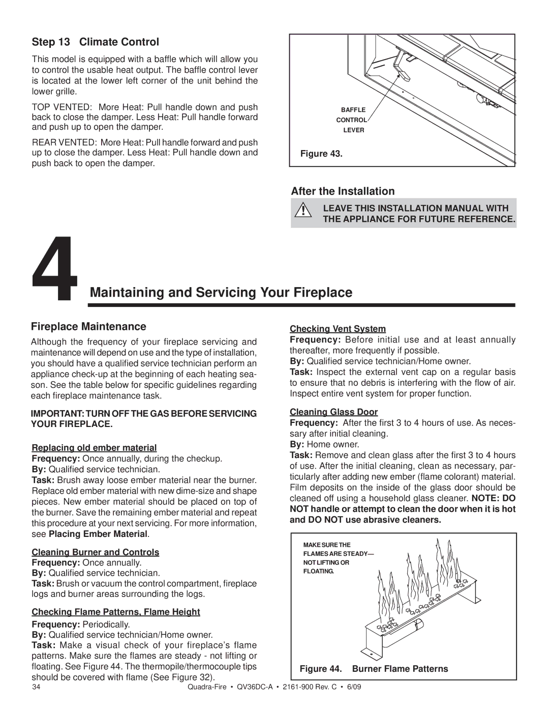 Quadra-Fire QV36DC-A owner manual Climate Control, After the Installation, Fireplace Maintenance 