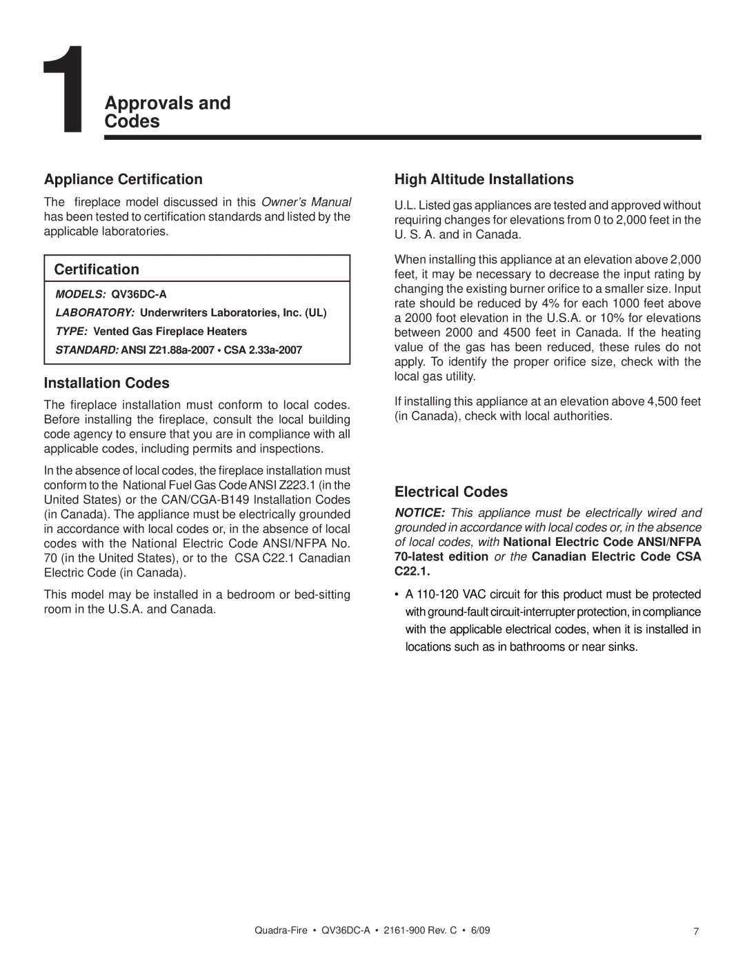 Quadra-Fire QV36DC-A Appliance Certiﬁcation, Installation Codes High Altitude Installations, Electrical Codes, C22.1 