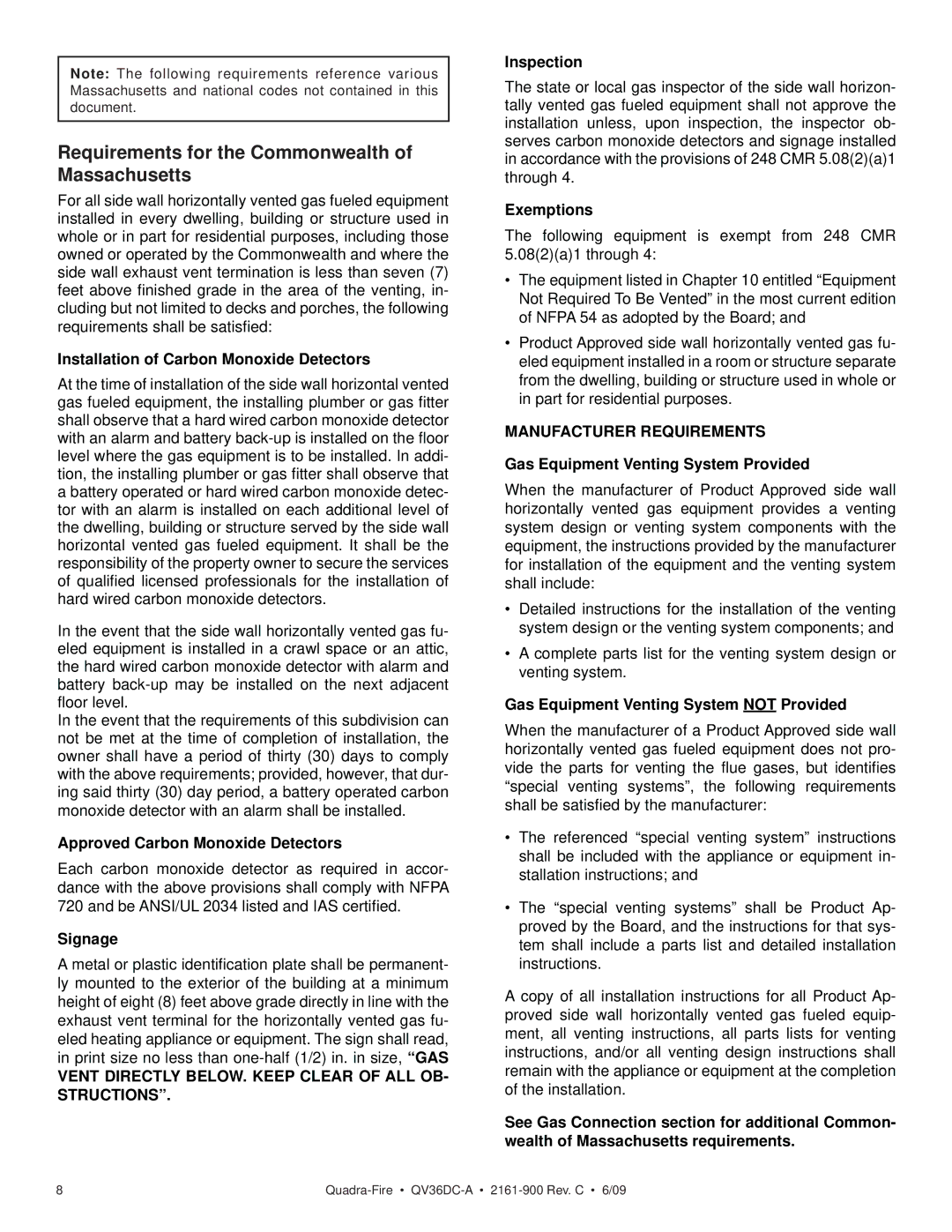 Quadra-Fire QV36DC-A Requirements for the Commonwealth of Massachusetts, Installation of Carbon Monoxide Detectors 