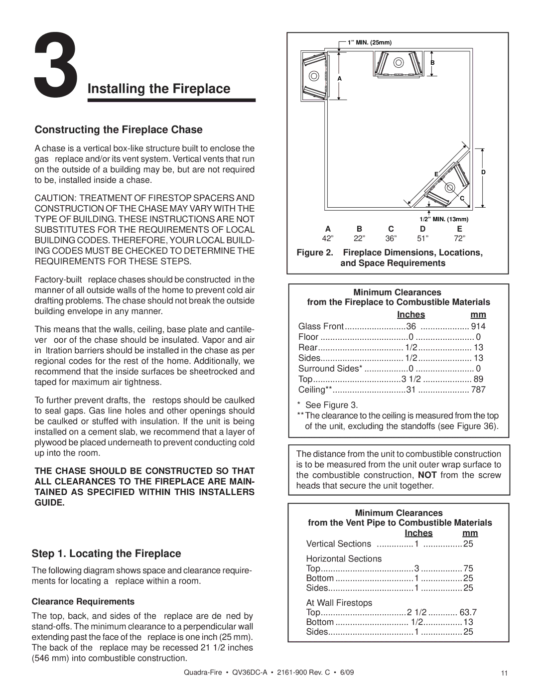 Quadra-Fire QV36DC-A owner manual Constructing the Fireplace Chase, Locating the Fireplace, Clearance Requirements 