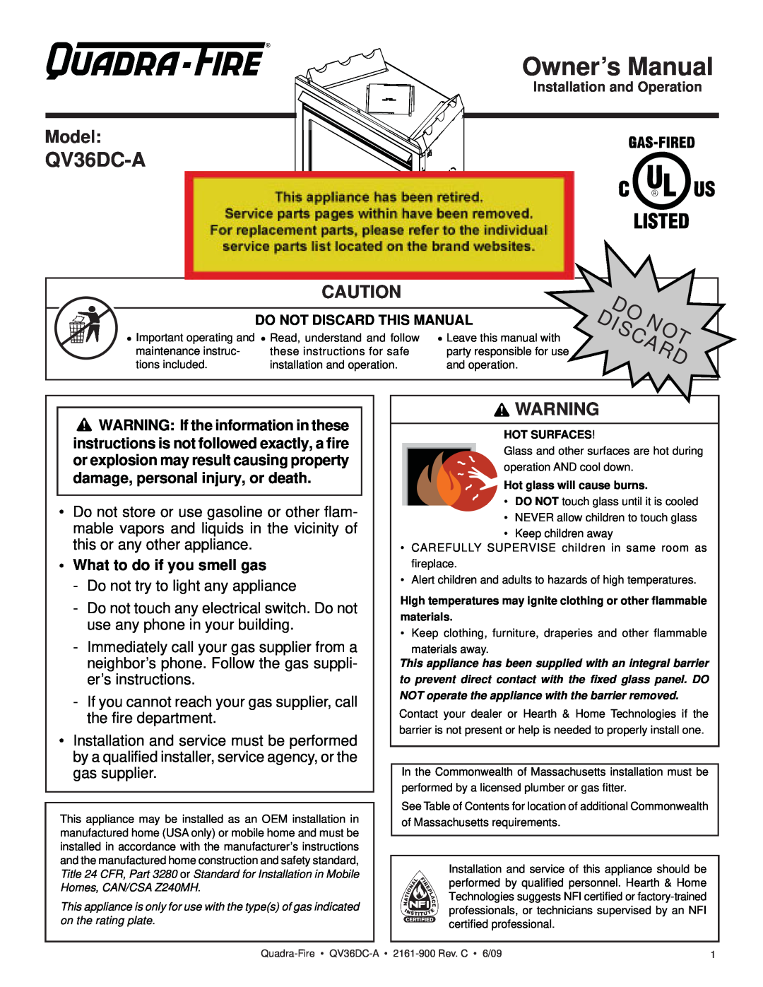 Quadra-Fire QV36DC-A owner manual Model, What to do if you smell gas 