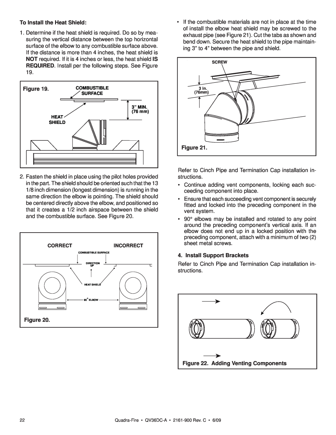 Quadra-Fire QV36DC-A owner manual To Install the Heat Shield, Install Support Brackets, Adding Venting Components 