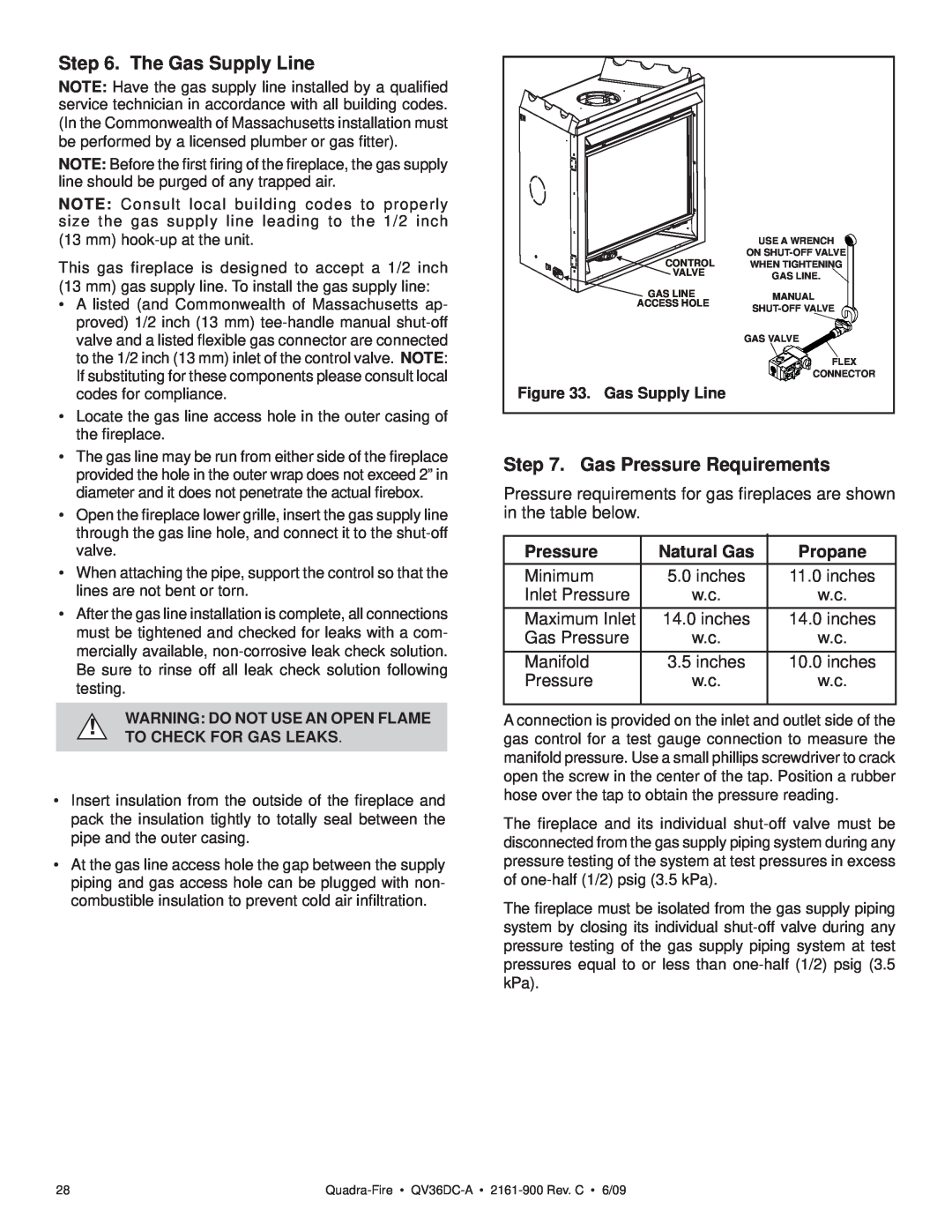 Quadra-Fire QV36DC-A owner manual The Gas Supply Line, Gas Pressure Requirements, Natural Gas, Propane 