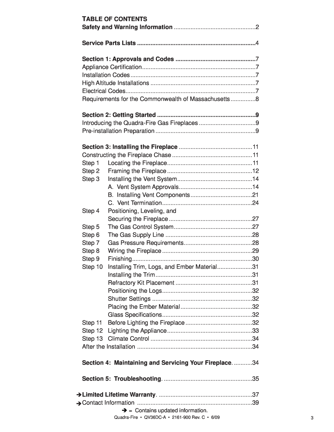 Quadra-Fire QV36DC-A owner manual Table Of Contents 