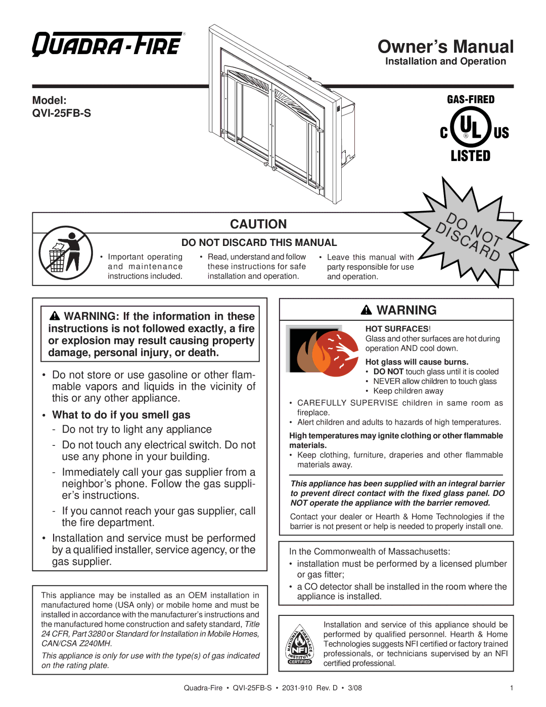 Quadra-Fire QVI-25FB-S owner manual Model, What to do if you smell gas, HOT Surfaces 