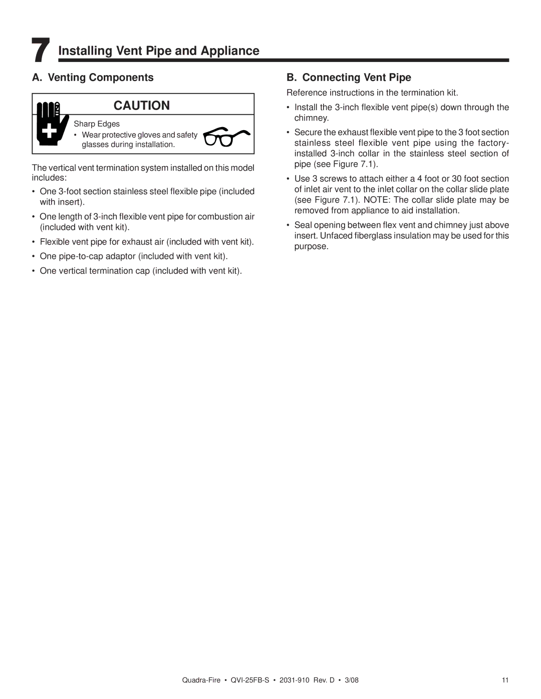 Quadra-Fire QVI-25FB-S owner manual Installing Vent Pipe and Appliance, Venting Components, Connecting Vent Pipe 