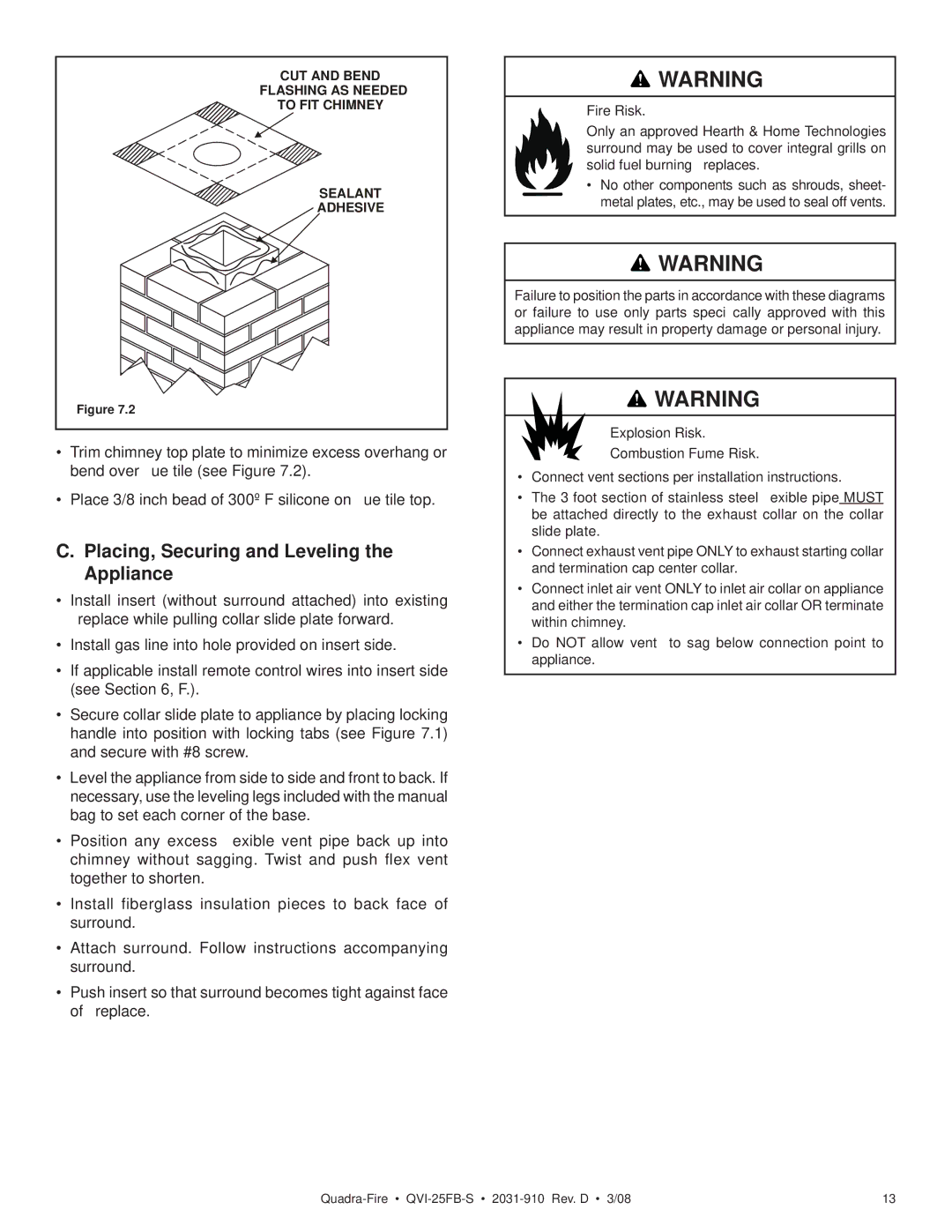 Quadra-Fire QVI-25FB-S owner manual Placing, Securing and Leveling the Appliance 