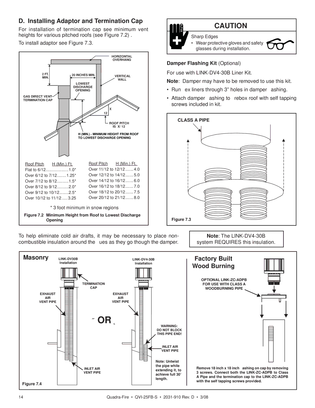 Quadra-Fire QVI-25FB-S Installing Adaptor and Termination Cap, Masonry, Factory Built Wood Burning, Class a Pipe 