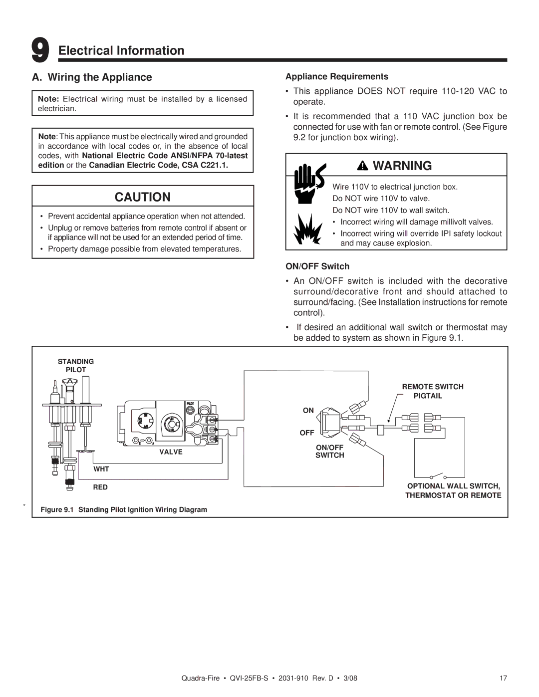 Quadra-Fire QVI-25FB-S owner manual Electrical Information, Wiring the Appliance, Appliance Requirements, ON/OFF Switch 