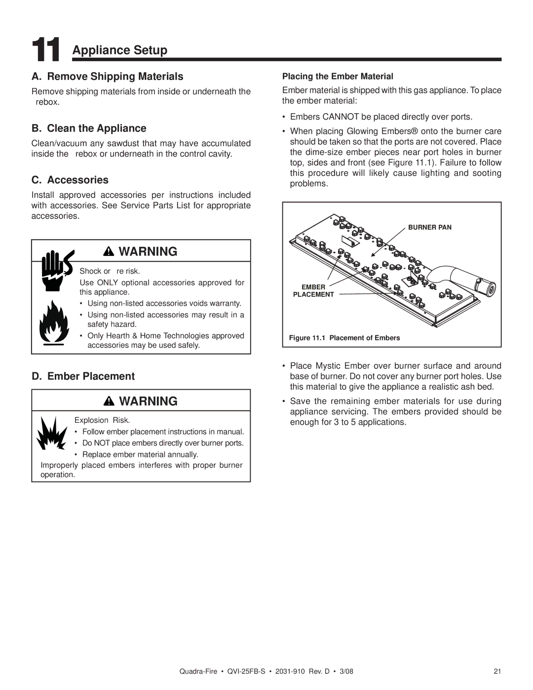 Quadra-Fire QVI-25FB-S Appliance Setup, Remove Shipping Materials, Clean the Appliance, Accessories, Ember Placement 