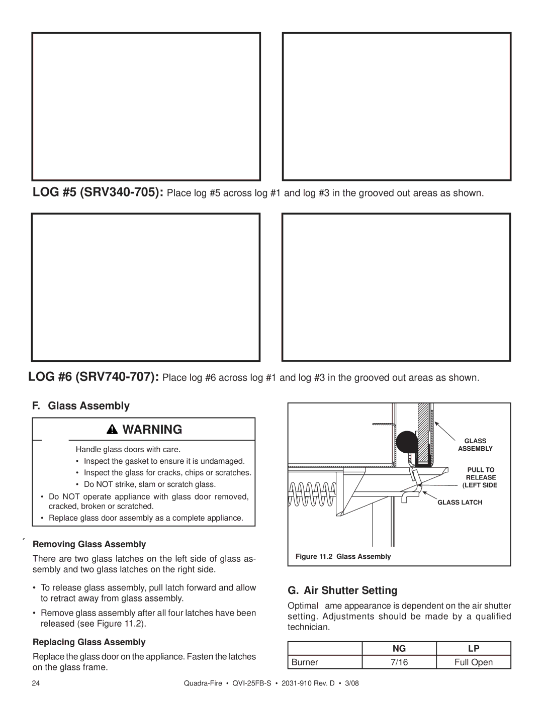 Quadra-Fire QVI-25FB-S owner manual Air Shutter Setting, Removing Glass Assembly, Replacing Glass Assembly 