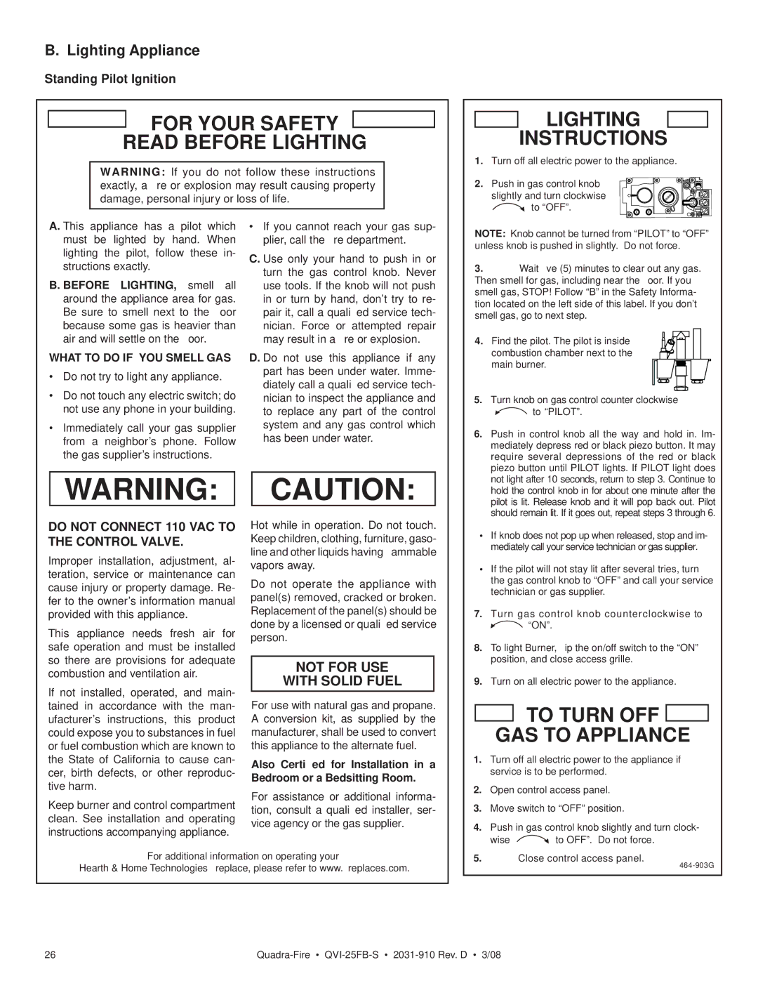 Quadra-Fire QVI-25FB-S owner manual Lighting Appliance, Standing Pilot Ignition, What to do if YOU Smell GAS 