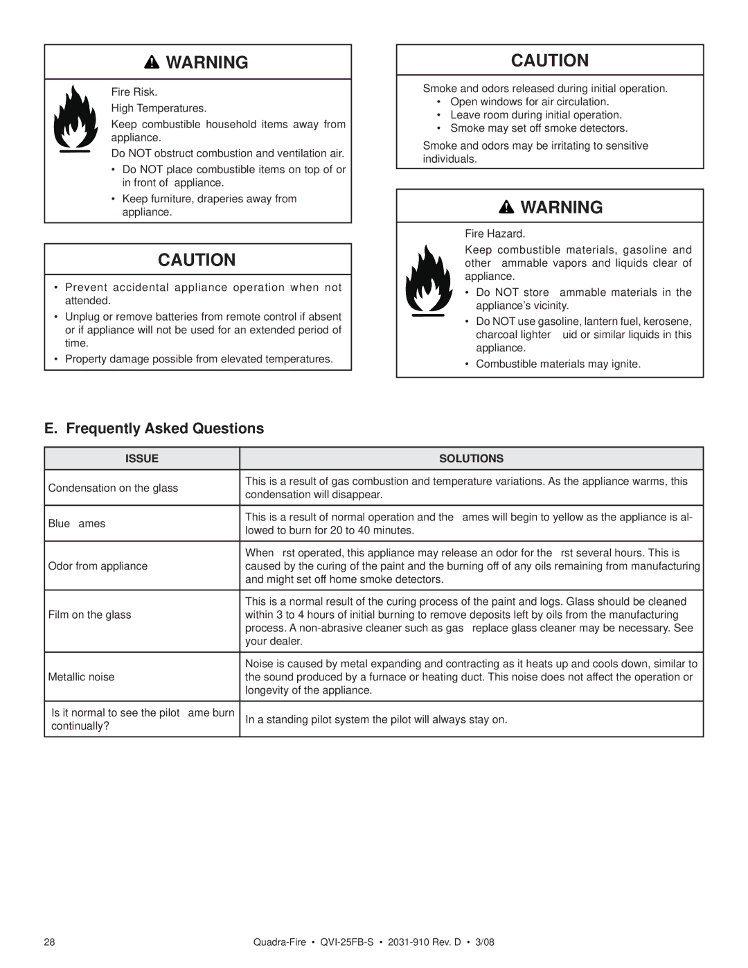 Quadra-Fire QVI-25FB-S owner manual Frequently Asked Questions, Issue Solutions 