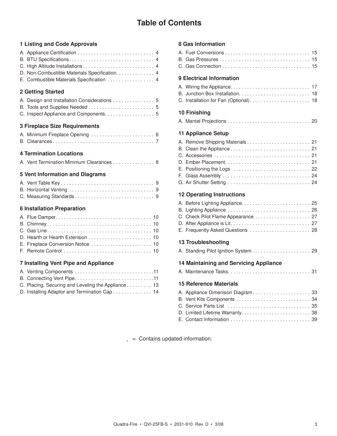 Quadra-Fire QVI-25FB-S owner manual Table of Contents 