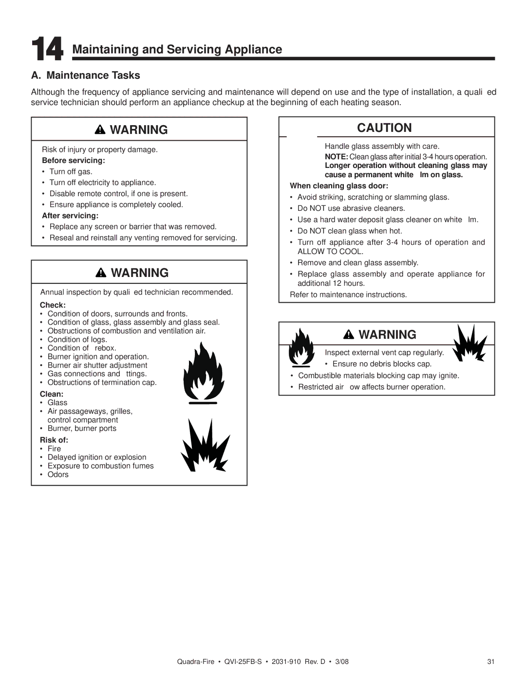 Quadra-Fire QVI-25FB-S owner manual Maintaining and Servicing Appliance, Maintenance Tasks 