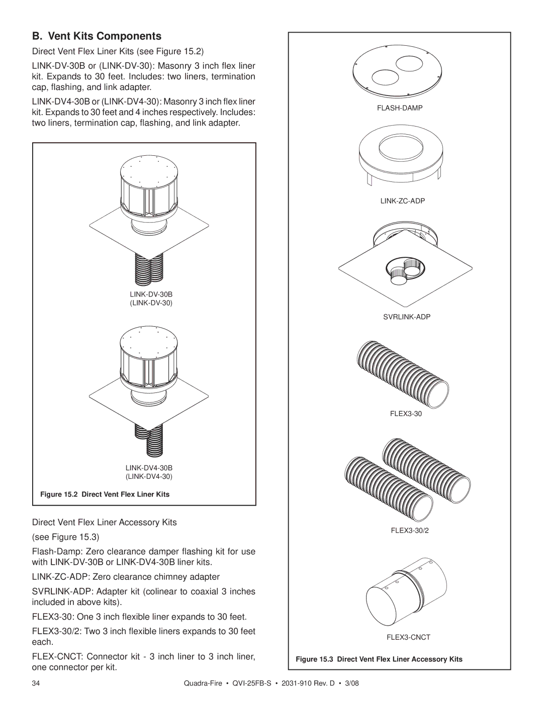 Quadra-Fire QVI-25FB-S owner manual Vent Kits Components, Direct Vent Flex Liner Kits 