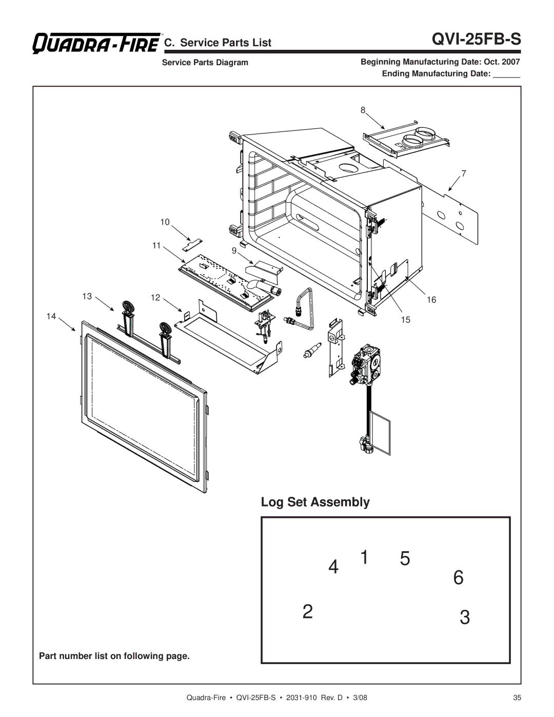 Quadra-Fire QVI-25FB-S owner manual Log Set Assembly, Service Parts List, 119 1312, Part number list on following 