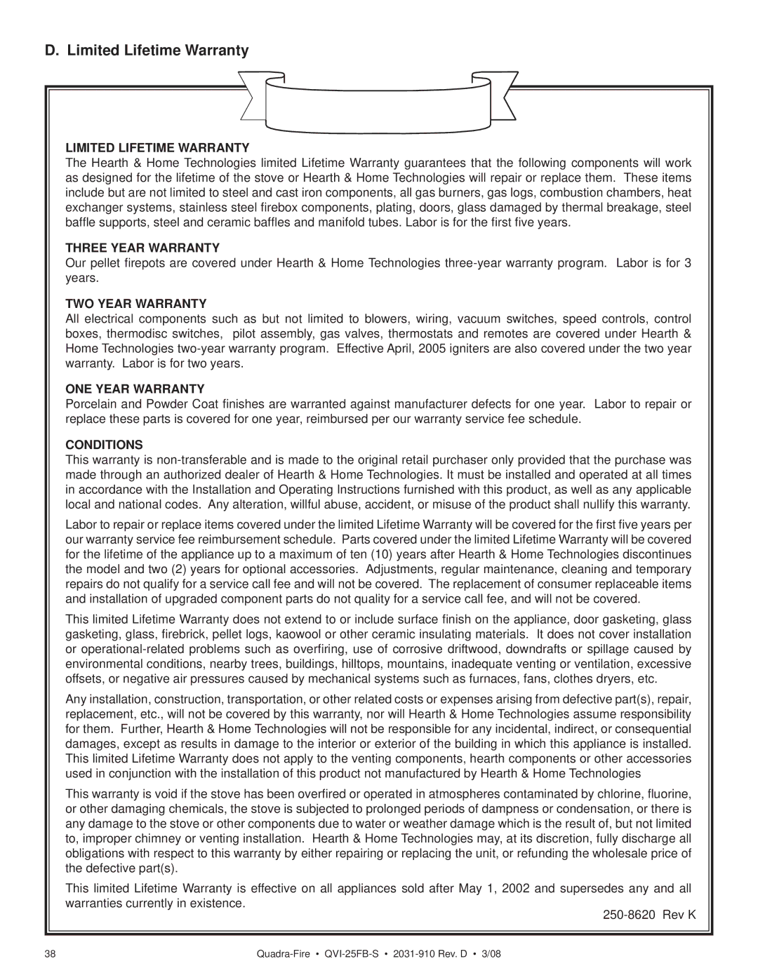 Quadra-Fire QVI-25FB-S owner manual Limited Lifetime Warranty 