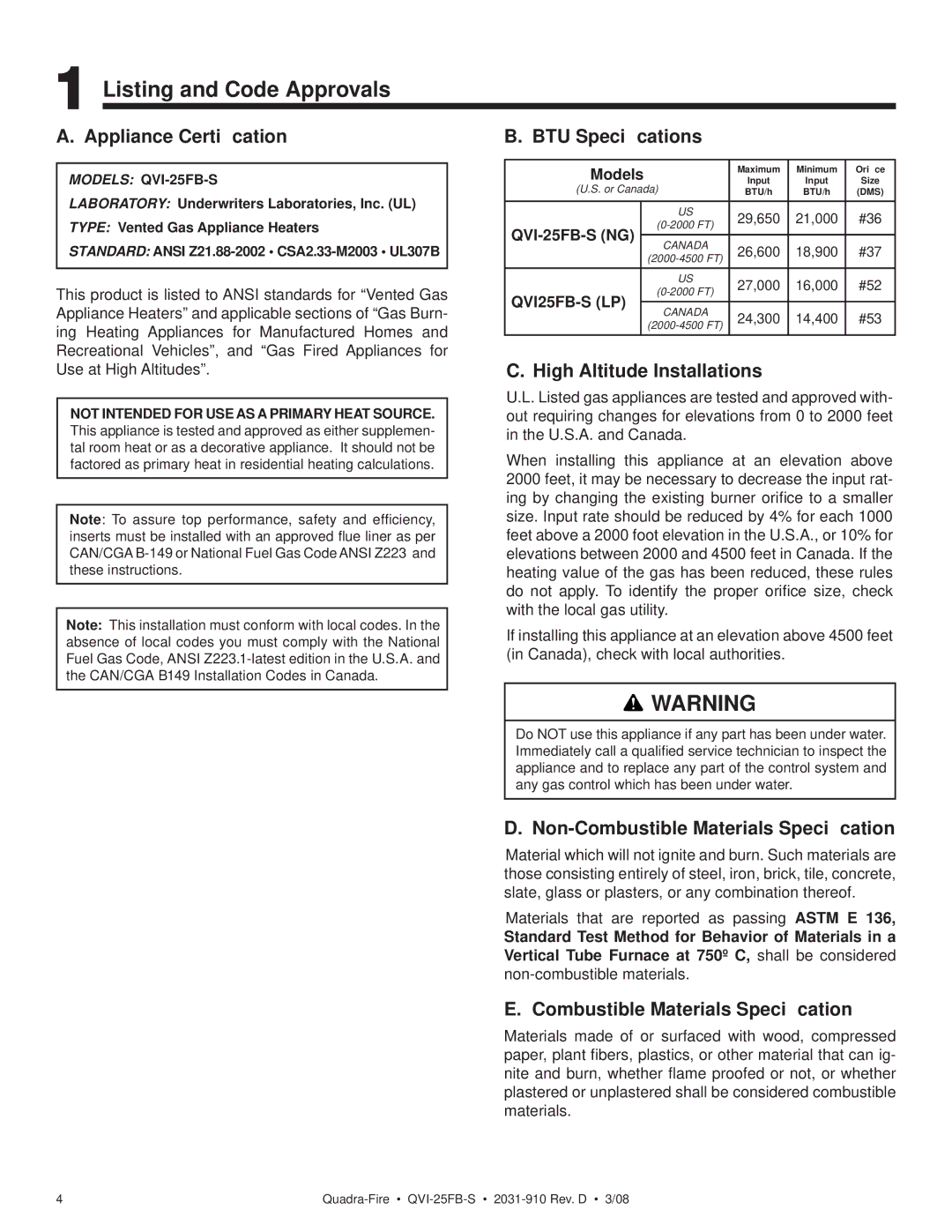 Quadra-Fire QVI-25FB-S owner manual Listing and Code Approvals 