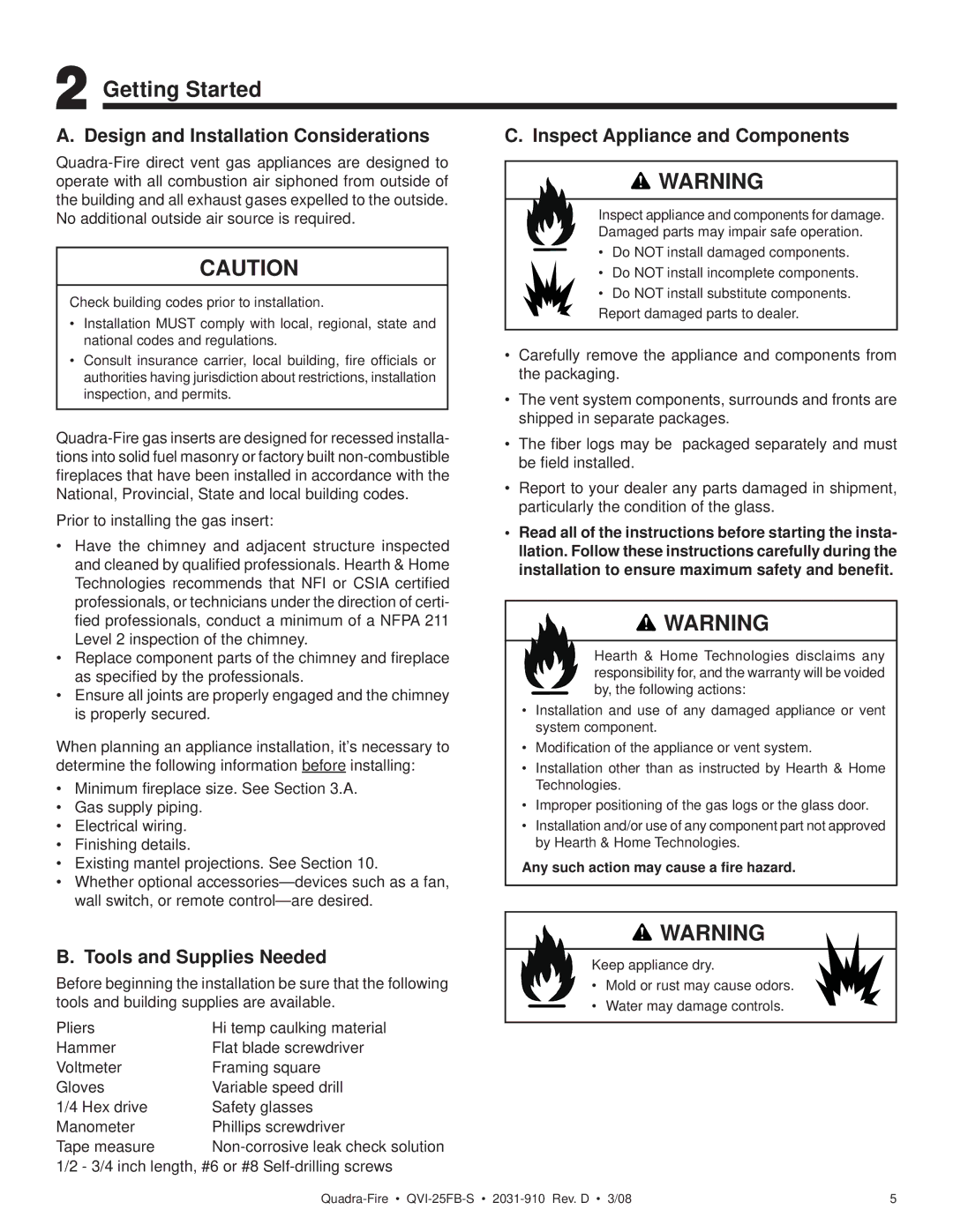 Quadra-Fire QVI-25FB-S Getting Started, Design and Installation Considerations, Inspect Appliance and Components 