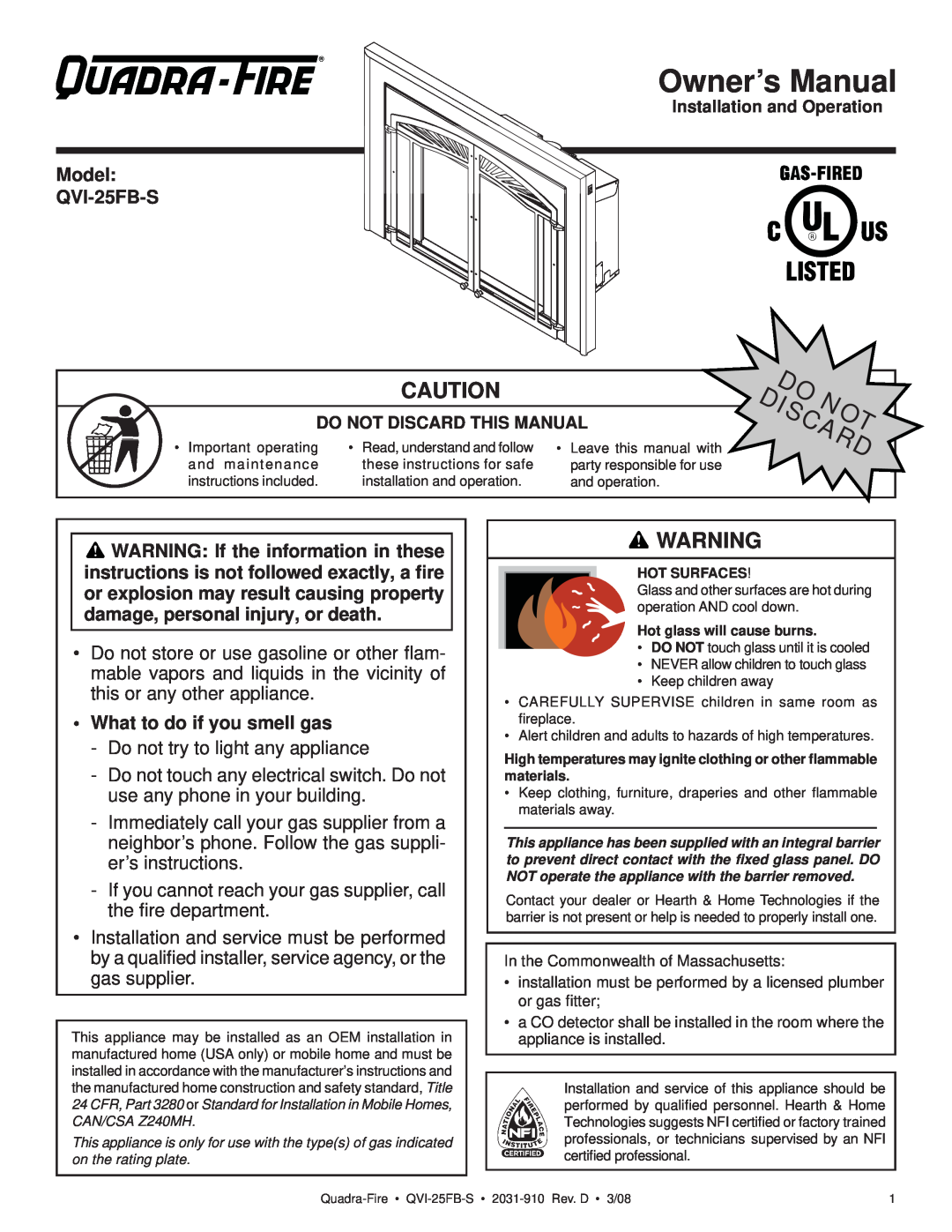 Quadra-Fire owner manual Model QVI-25FB-S, What to do if you smell gas 