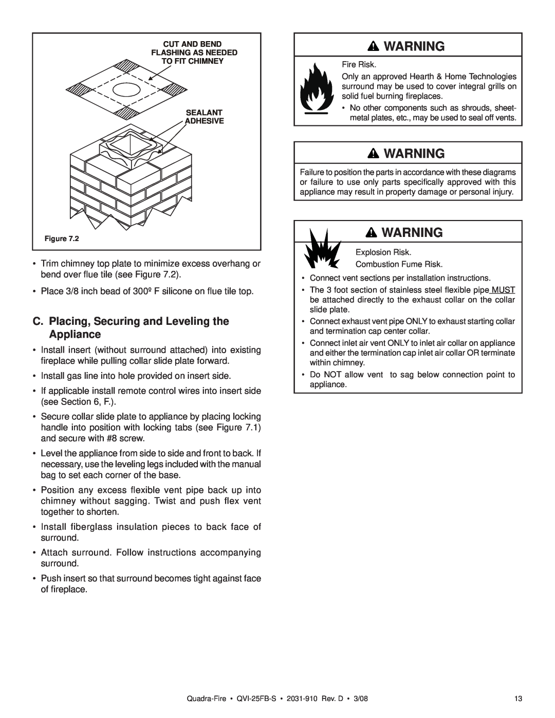 Quadra-Fire QVI-25FB-S owner manual C.Placing, Securing and Leveling the Appliance 