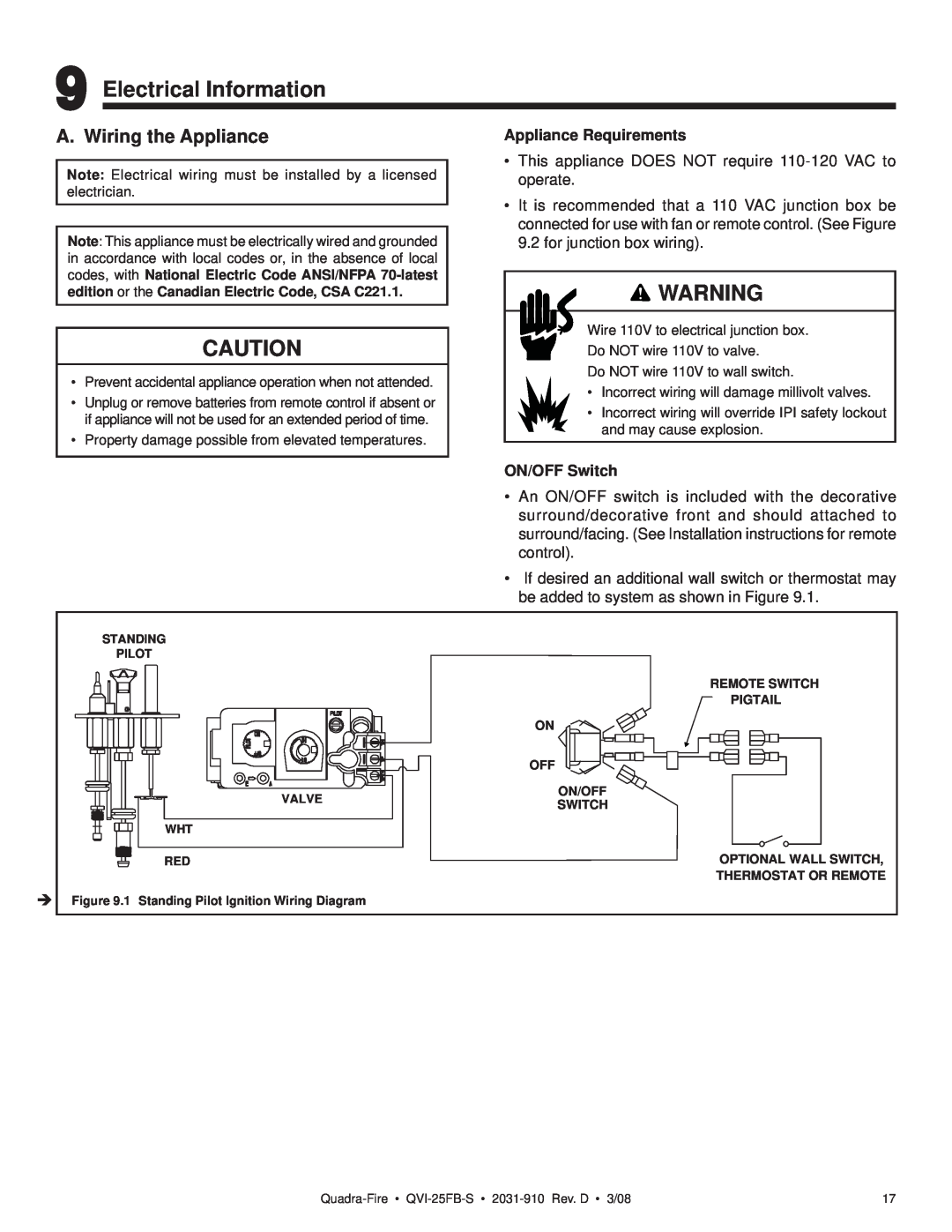Quadra-Fire QVI-25FB-S owner manual Electrical Information, A. Wiring the Appliance 