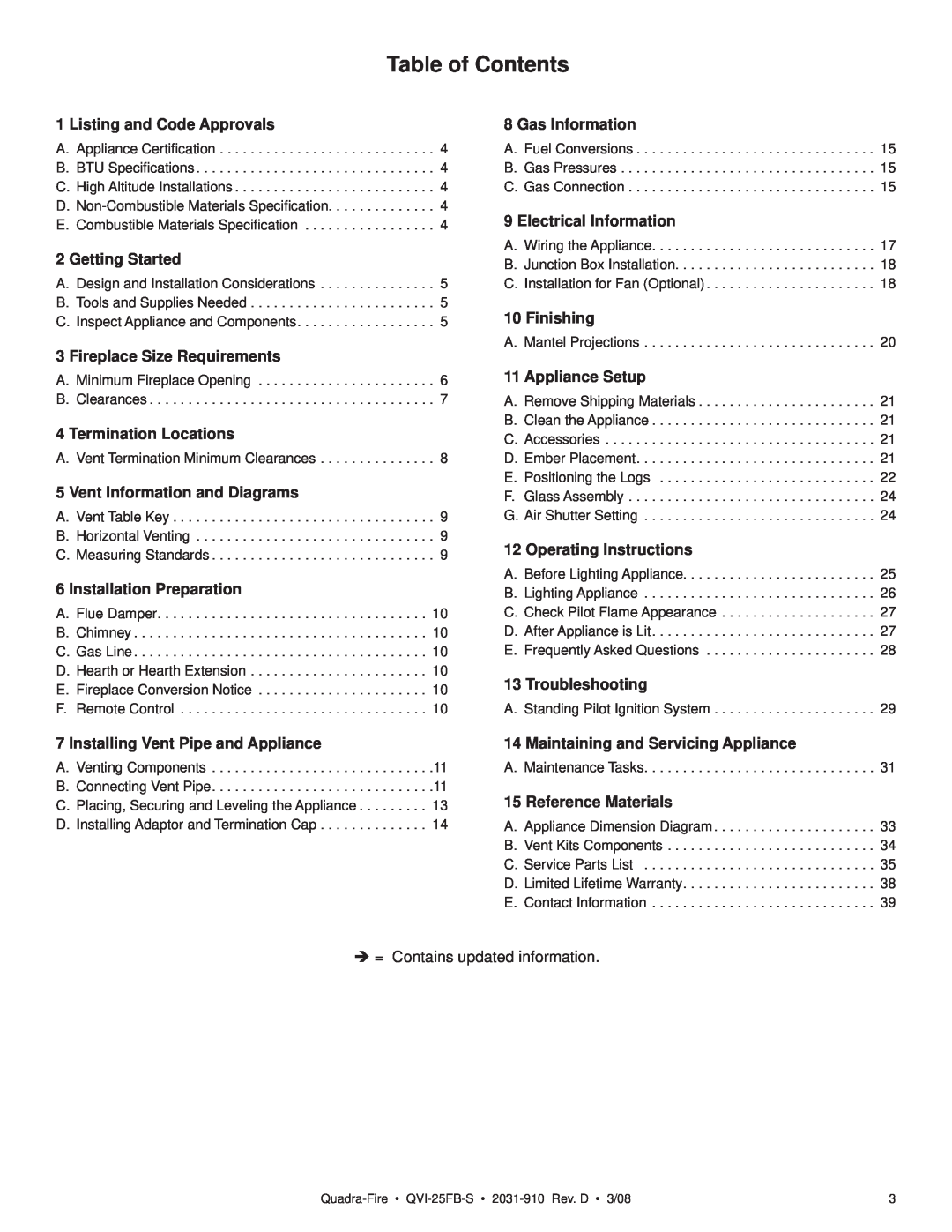 Quadra-Fire QVI-25FB-S owner manual Table of Contents 