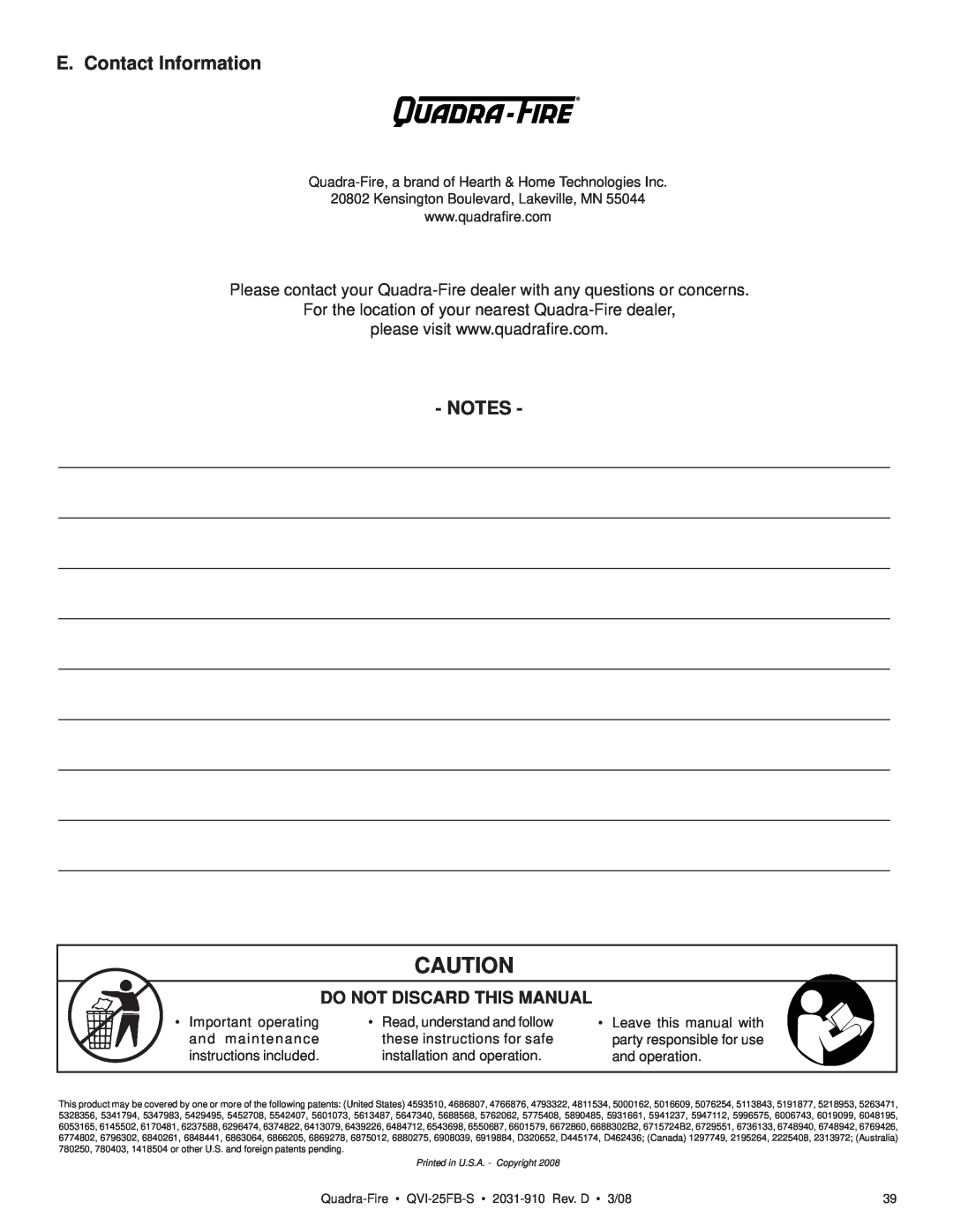 Quadra-Fire QVI-25FB-S owner manual E. Contact Information 