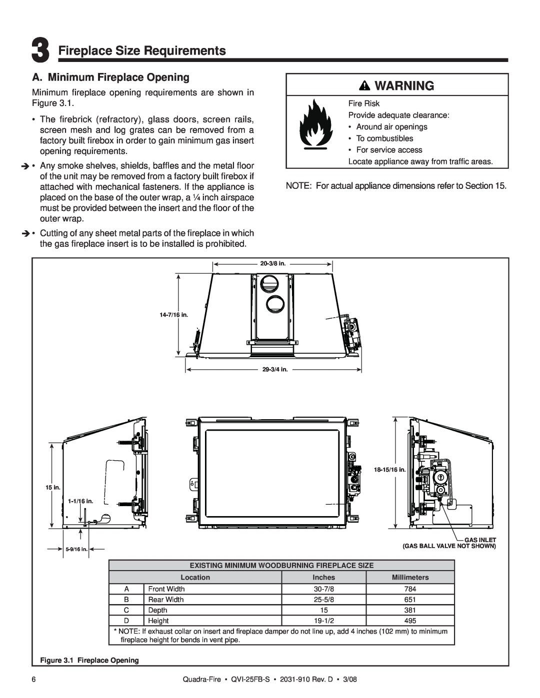 Quadra-Fire QVI-25FB-S owner manual Fireplace Size Requirements, A. Minimum Fireplace Opening 