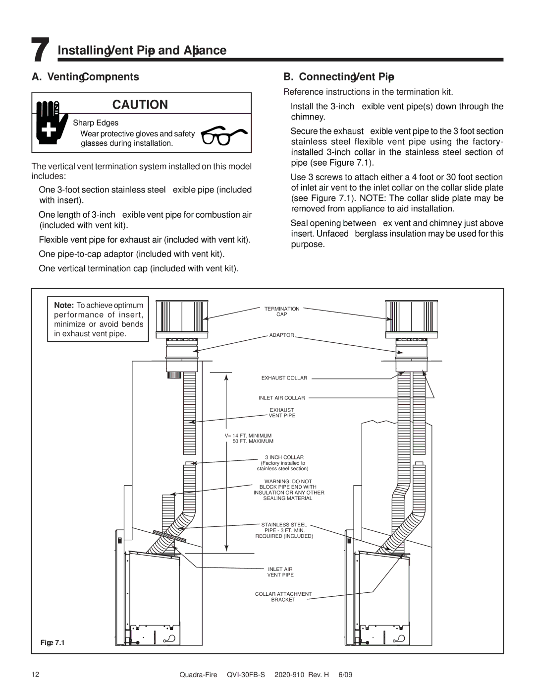 Quadra-Fire QVI-30FB-S owner manual Installing Vent Pipe and Appliance, Venting Components, Connecting Vent Pipe 